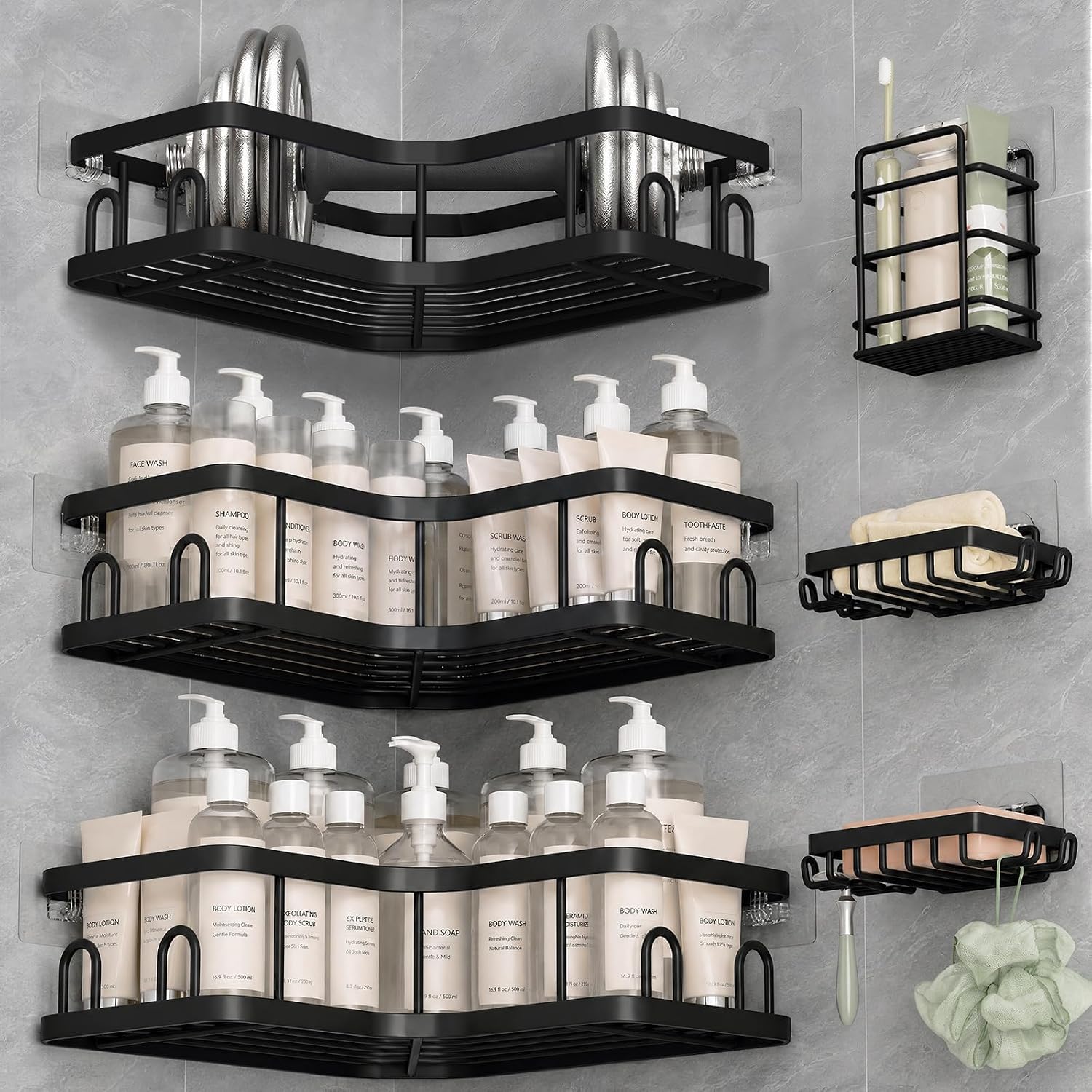 Detalle de Veken Large-Capacity Corner Shower Caddy 6-Pack, Black, No-Drill Adhesive