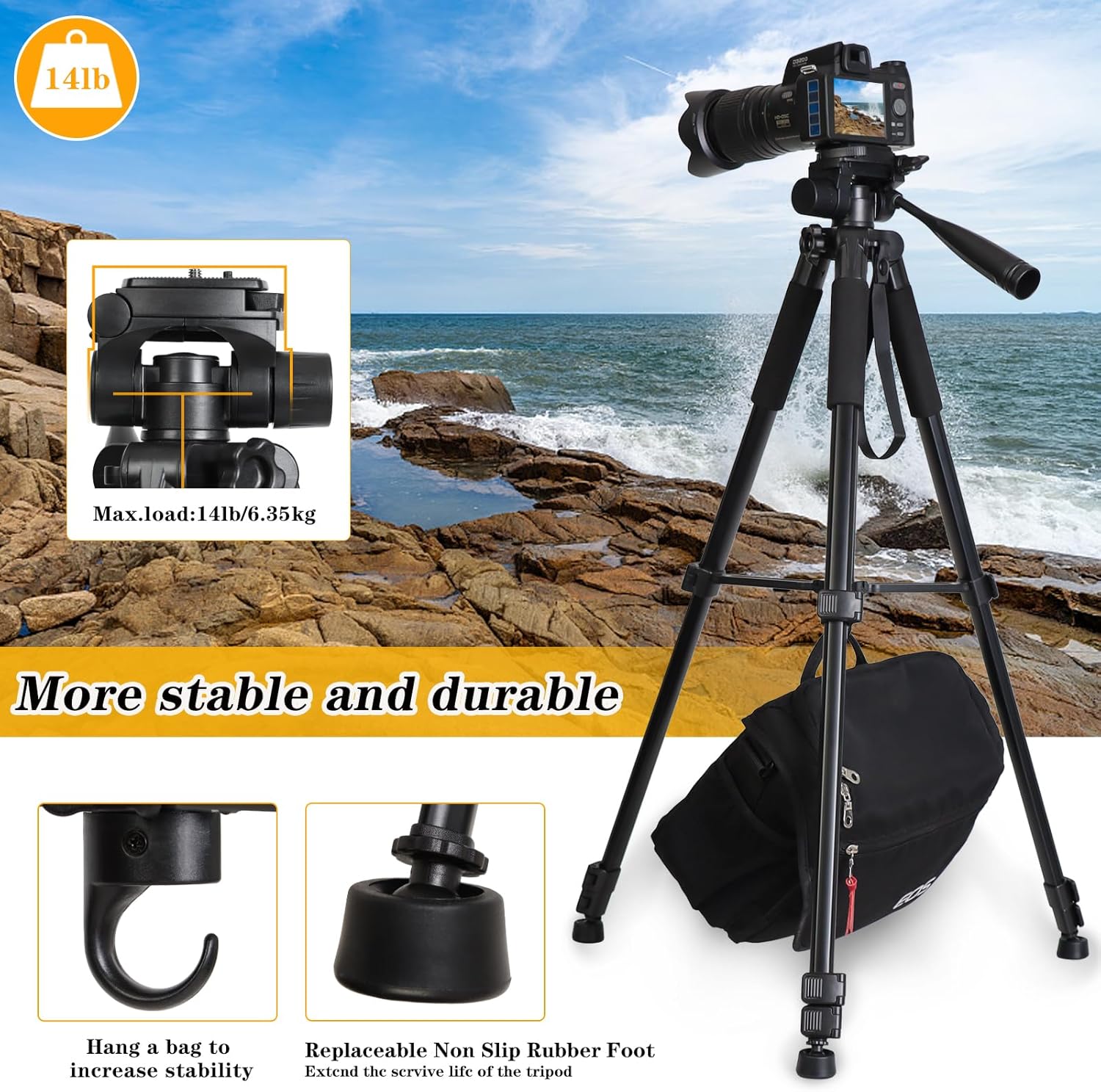 Detalle de LINKCOOL Camera Tripod for Canon, Nikon and Sony – 65" Aluminium Stand with Detachable Head