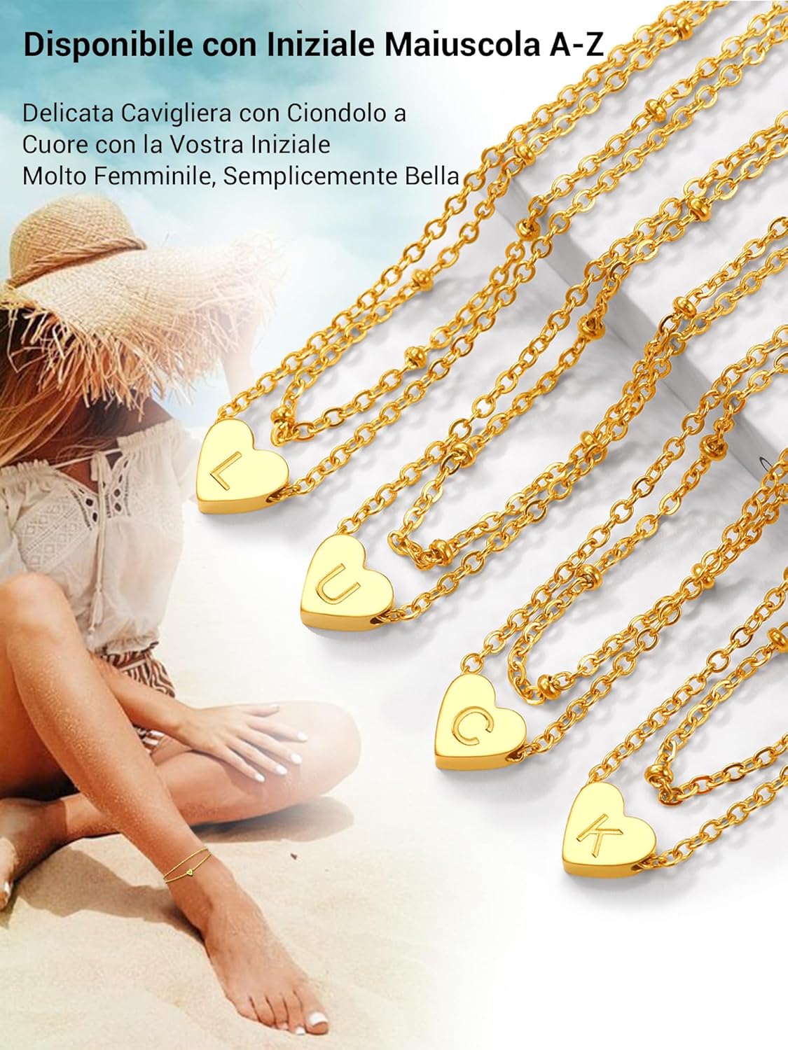 Thumbnail 4 de Cavigliera donna PROSTEEL a doppia catena con pendente cuore e iniziali A–Z in acciaio 316L placcato oro