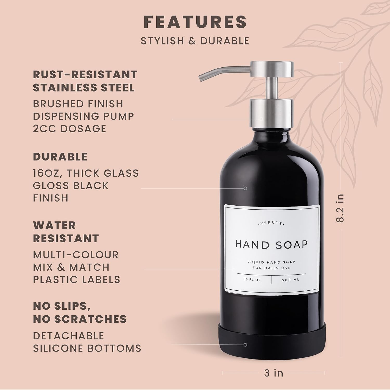 Thumbnail 5 de Verute BLGL16SS2 Glass Soap Dispenser Set, Gloss Black with Steel Pumps