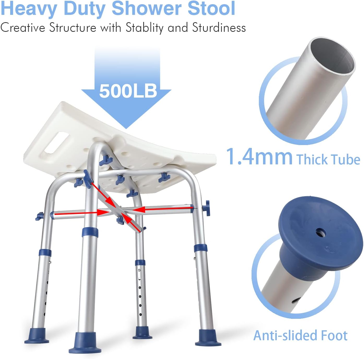 Thumbnail 3 de LandTale Heavy Duty Shower Stool (500Lb) – Height Adjustable, Anti-Slip, Tool-Free Assembly