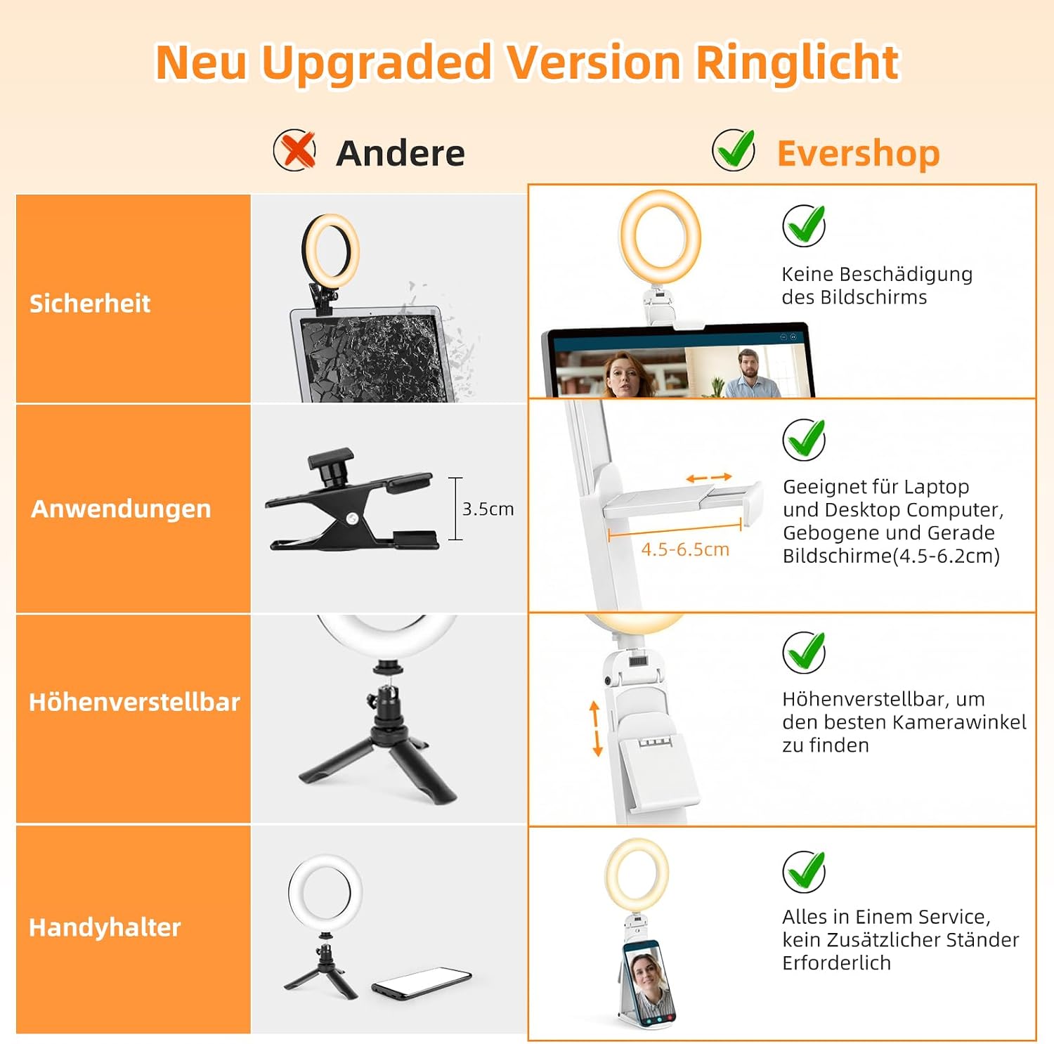 Thumbnail 6 de Evershop 5'' LED-Ringlicht mit Stativ & Handyhalter – 3 Lichtfarben, 10 Helligkeitsstufen, 360° drehbar