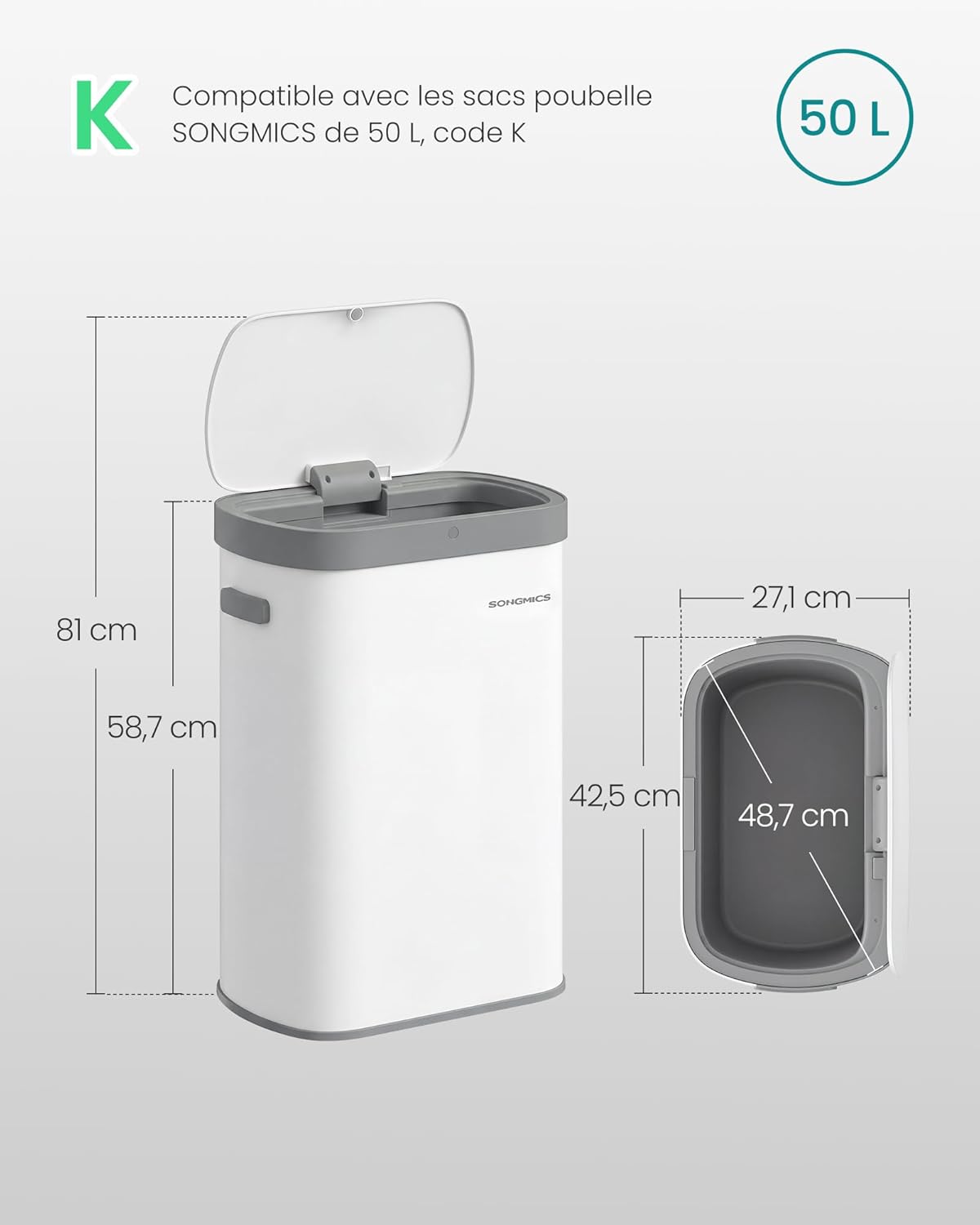 Thumbnail 6 de SONGMICS LTB640E01 — Poubelle de cuisine automatique 50 L à capteur et fermeture douce
