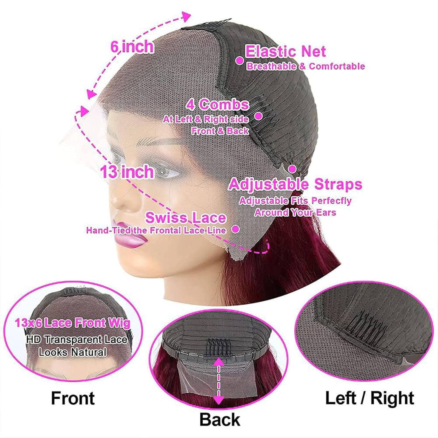 Detalle de QZOQZO 99j Burgundy Lace Front Wig (13x6) — 100% Virgin Brazilian Human Hair, Body Wave, Glueless