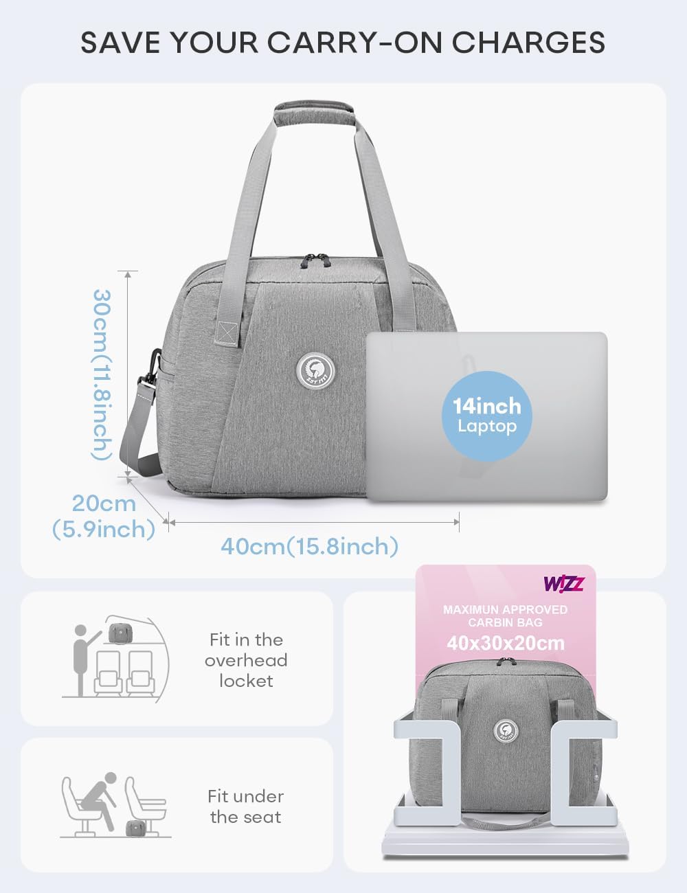Detalle de BAGZY bagaglio a mano 40x30x20 Wizzair + borsone da viaggio 25L impermeabile, borsa ospedale e palestra