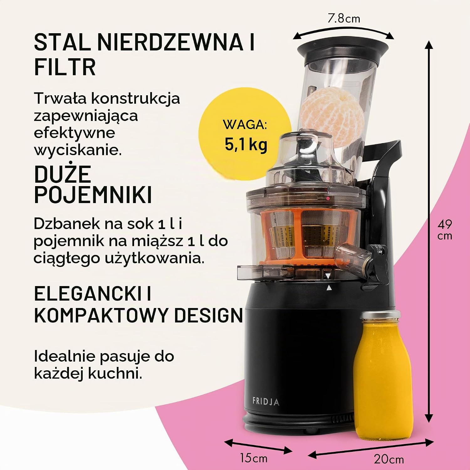 Detalle 2 de Fridja f1900 – wolnoobrotowa wyciskarka do całych owoców, 75 mm, 240 W