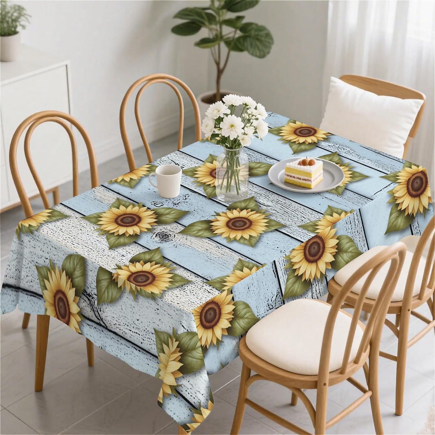 artslion Rectangle Waterproof 60x84in Wipeable Table Cover – Sunflowers on Blue, Non-PVC Fabric