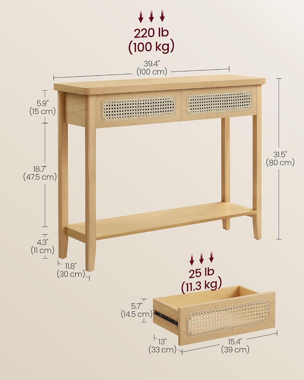 Thumbnail 2 de VASAGLE LNT016Y57 Slim Hallway Console Table, Beige Oak, Two Drawers