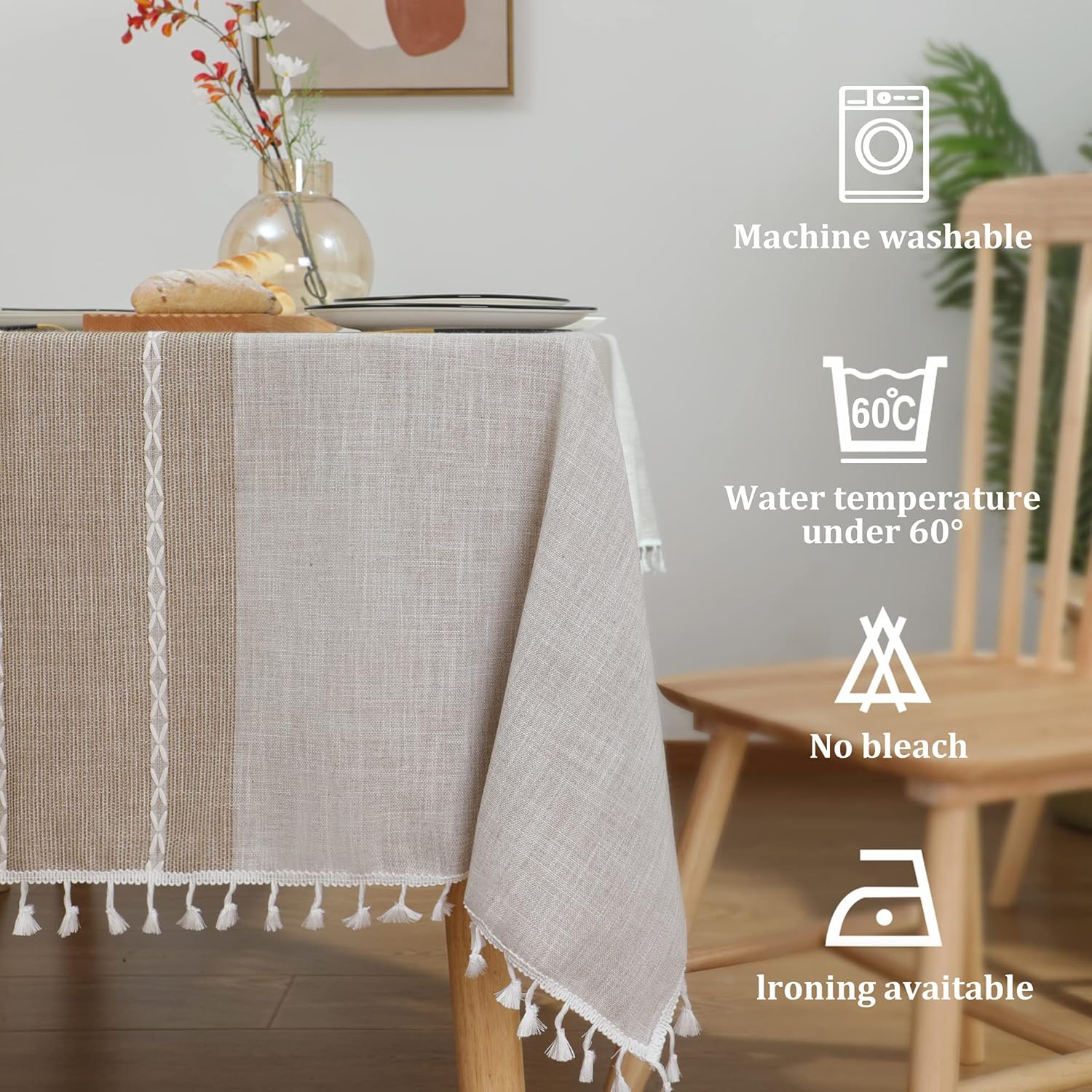 Detalle de JIALE Rectangle Tablecloths — Brown Cotton Linen, 55" x 86", Waterproof & Wrinkle-Free with Tassels
