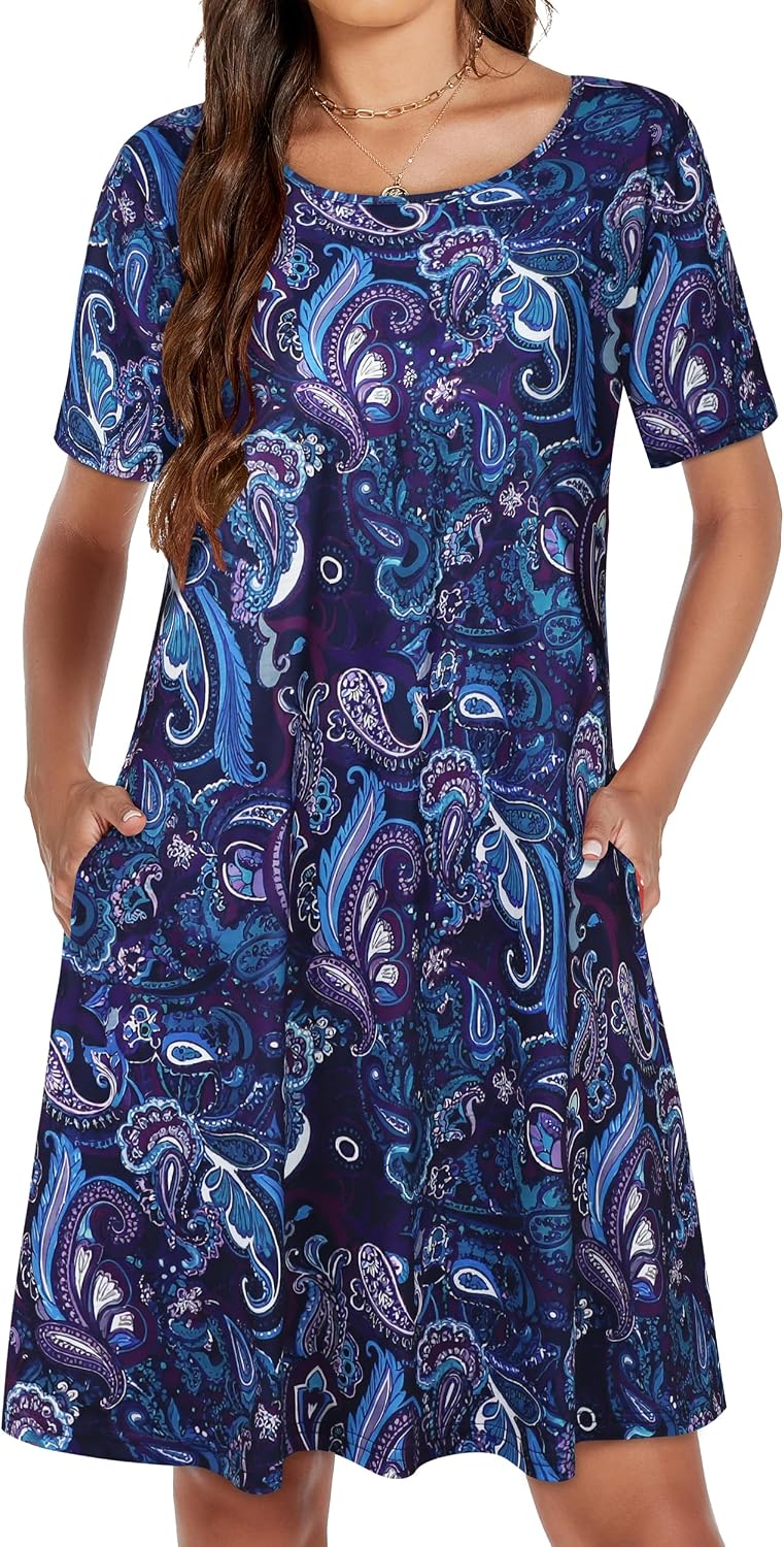 Detalle 2 de Womens Summer Dresses Beach Casual Loose Tshirt Floral Short Sleeve Flowy Pockets Sundresses 2026