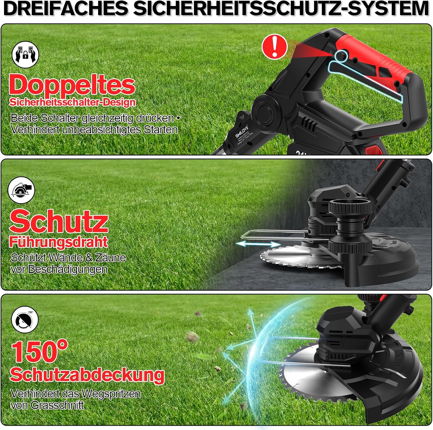 Detalle de SMILOVII Akku-Rasentrimmer 21V 4‑in‑1 (bis 24.000 RPM) mit 2× 2,0Ah, 90° drehbarem Kopf & LCD
