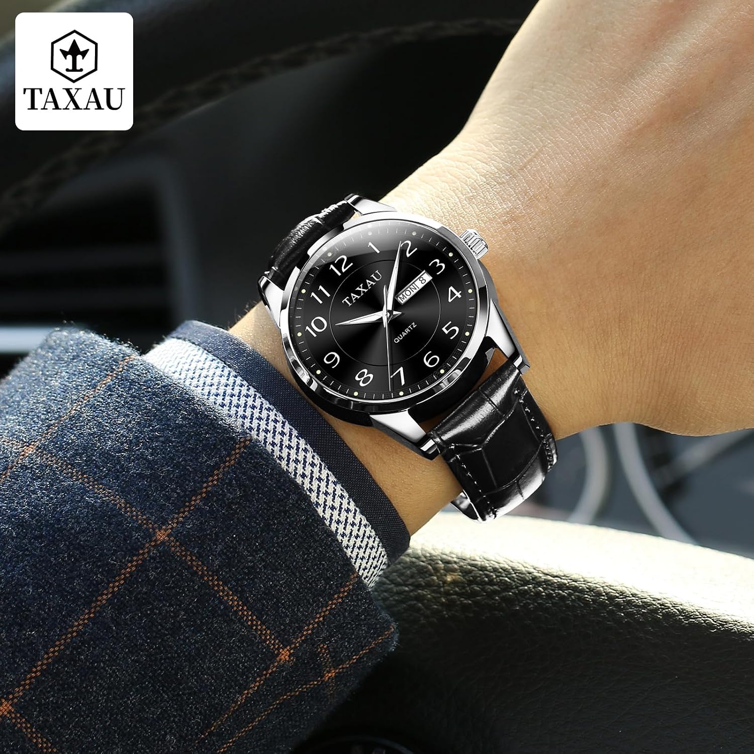 Thumbnail 5 de Taxau klassische Lederuhr für Herren mit Analog-Quarzwerk, Big Dial, 41 mm, wasserdicht bis 30 m