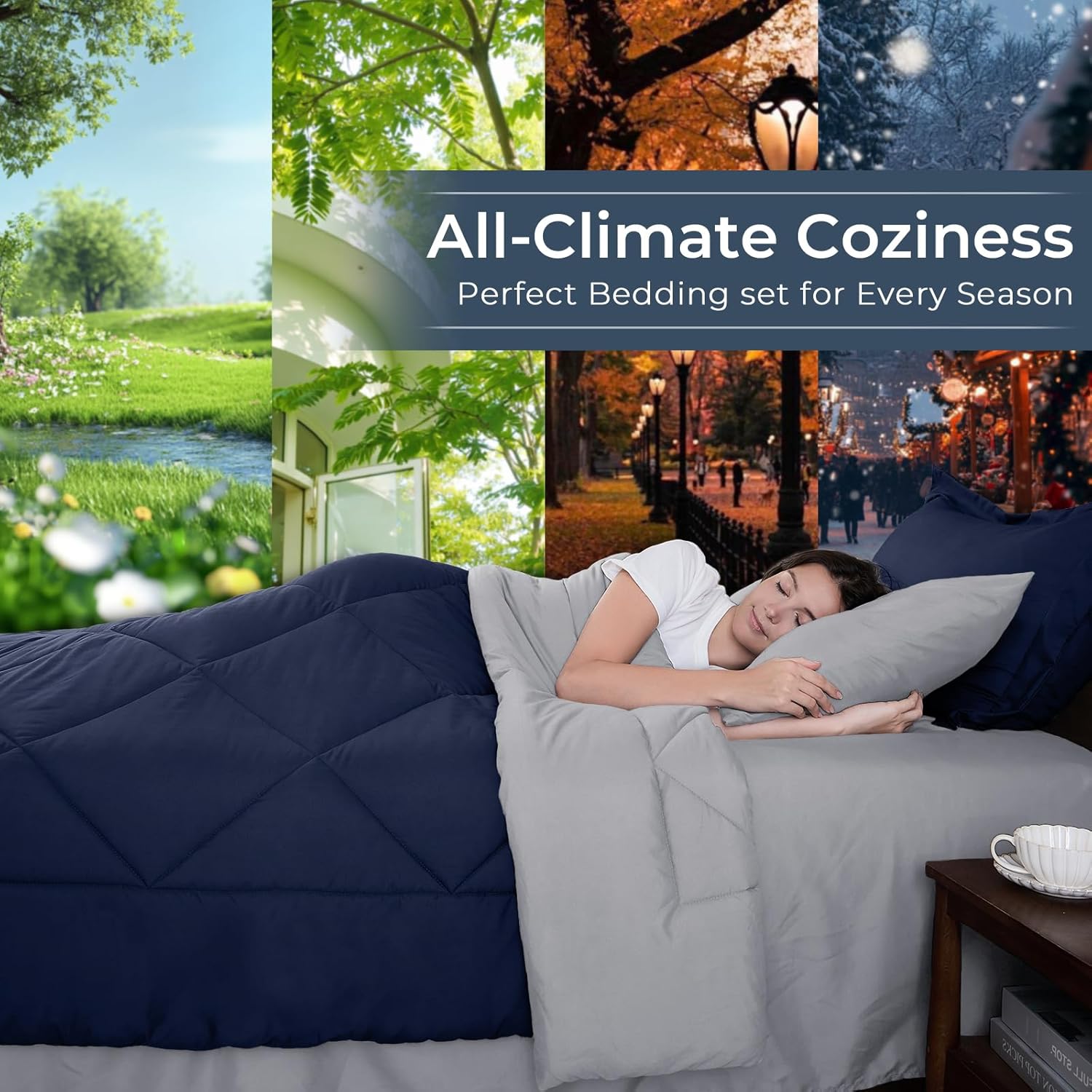 Thumbnail 2 de HEVUMYI Queen Comforter Set - 7-Piece All Season Bed in a Bag (Navy Blue & Light Grey)