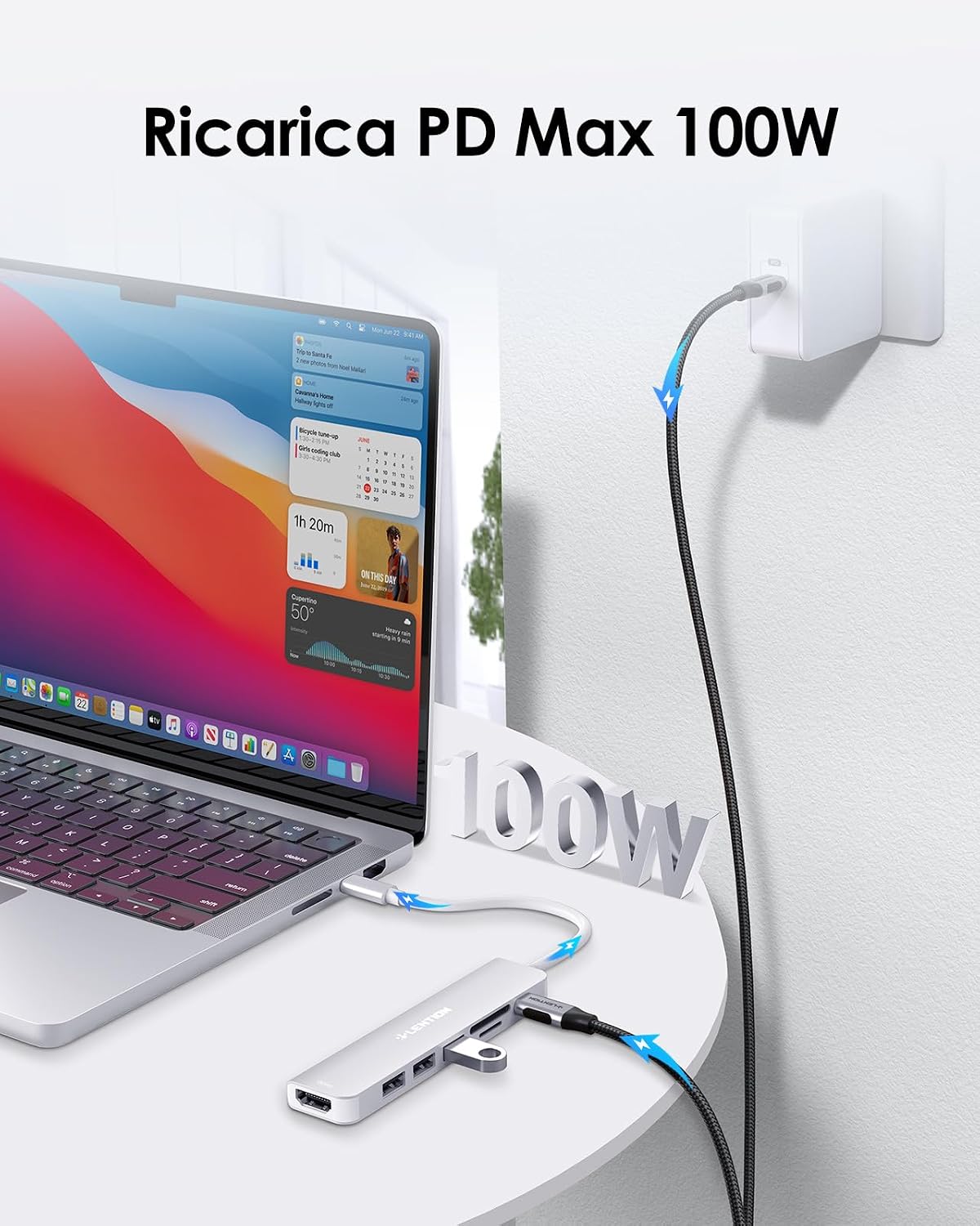 Detalle de LENTION Hub USB-C 7 in 1 con HDMI 4K 60Hz e PD 100W, lettore SD/TF (argento)