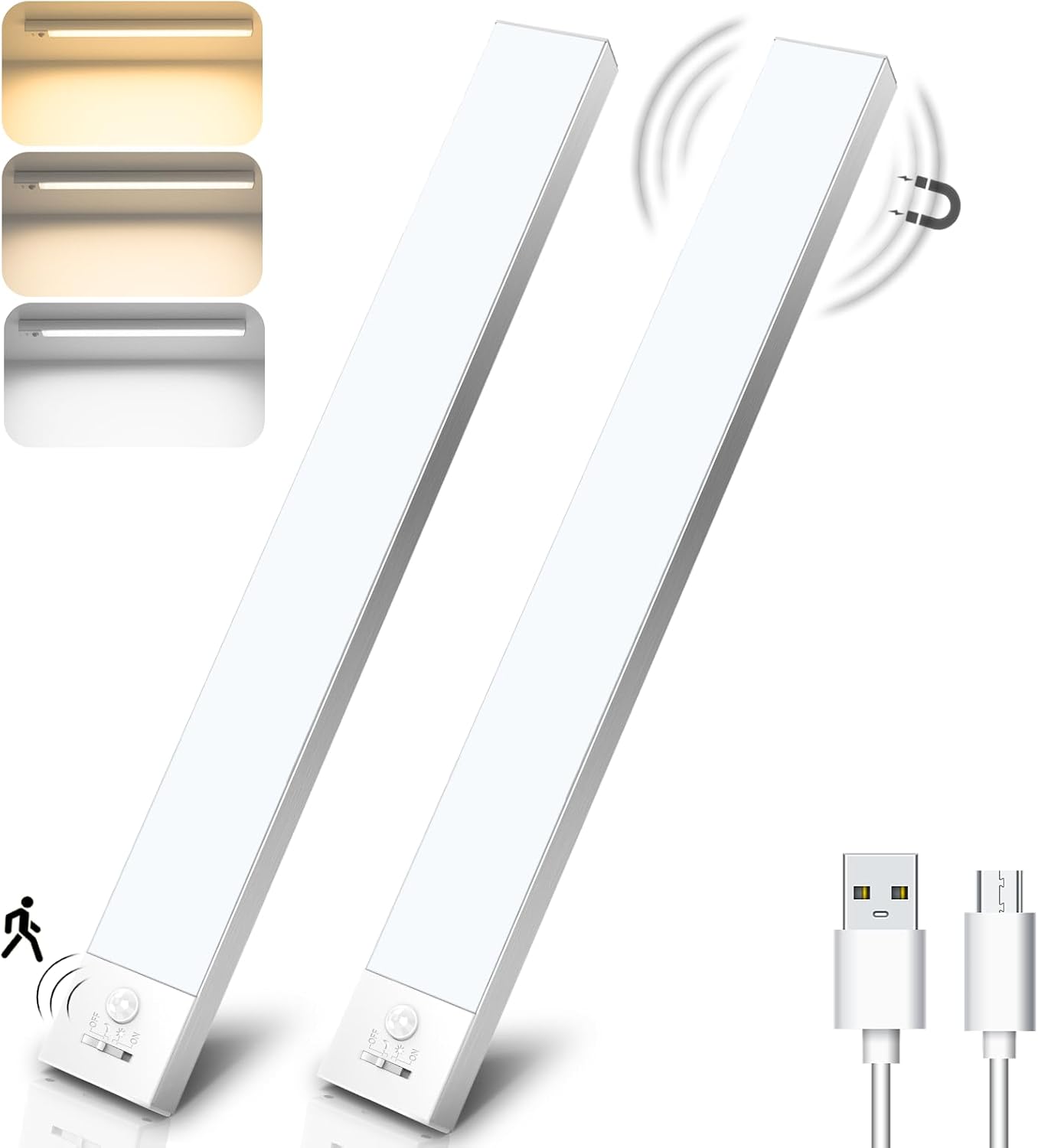 Detalle de Unterbauleuchte Küche LED Schrankbeleuchtung mit Bewegungsmelder, 32 cm, USB-kabellos (2er-Set) – 3 Farbmodi, dimmbar