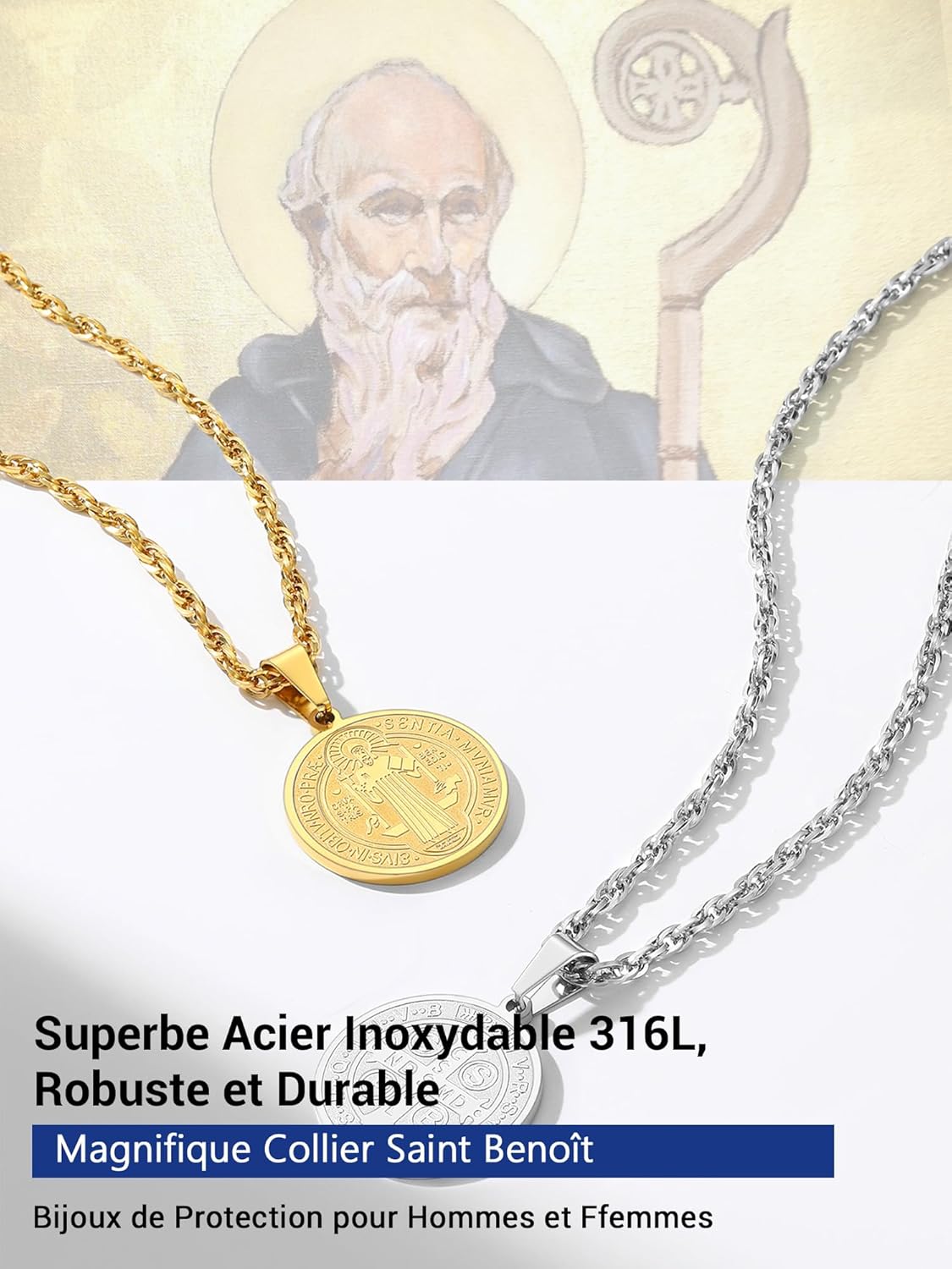 Thumbnail 5 de PROSTEEL Collier Saint Benoît homme en acier inoxydable 316L, pendentif rond/ovale avec chaîne ajustable
