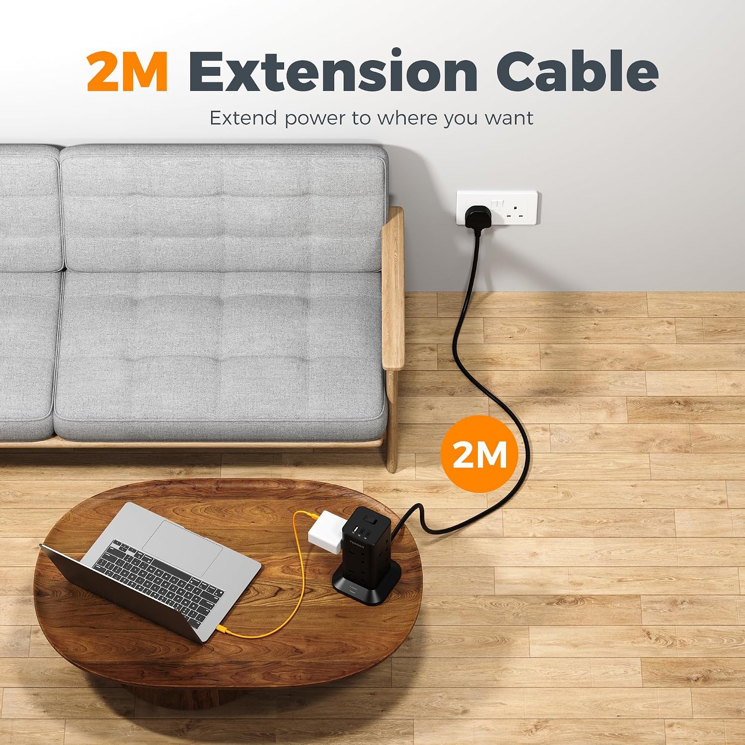 Thumbnail 3 de TESSAN Tower Black Extension Lead with 2 USB-C slots, 8-way surge protected power strip (2m)