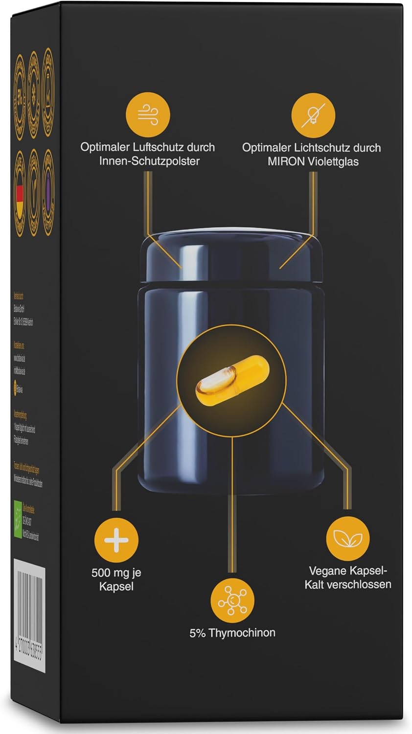 Detalle de Premium BIO Schwarzkümmelöl Kapseln (Nigella sativa) – 5.000 mg Thymochinon, 60 vegane Kapseln im lichtgeschützten Violettglas