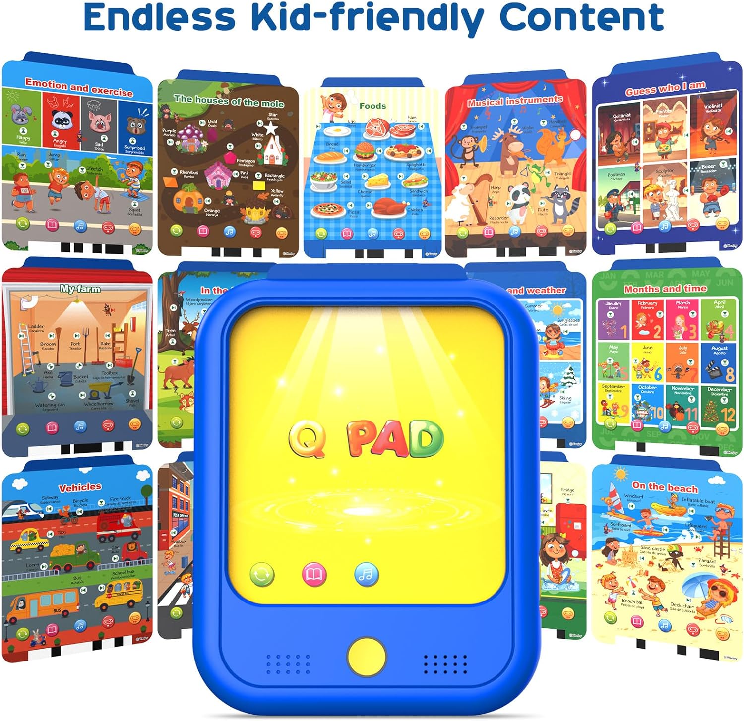 Detalle de Qiaojoy Kids Learning Tablet: Bilingual Toddler Education Pad (2-5) with 40 Topics, Talking Cards, and Screen-Free Learning