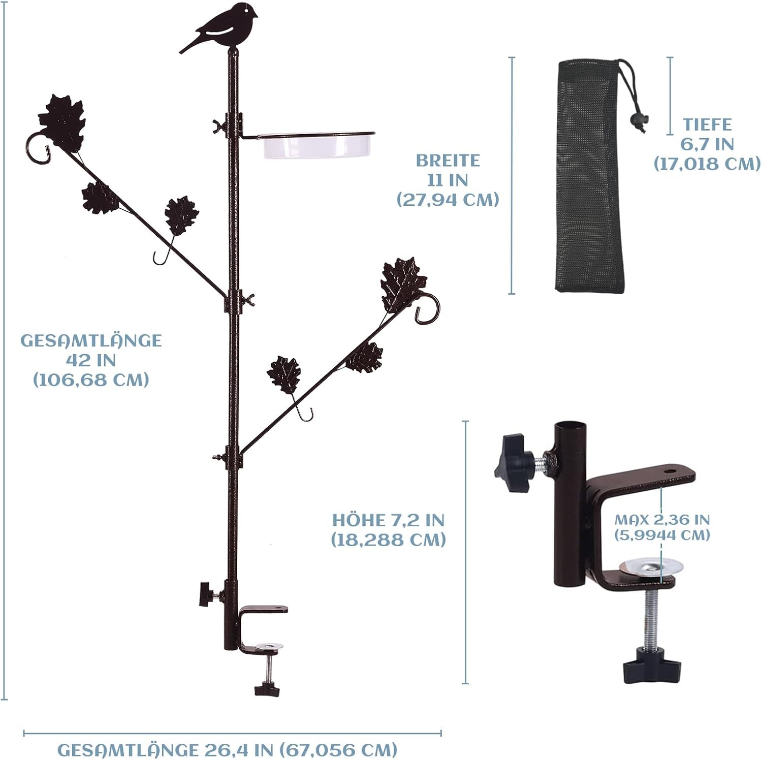 Thumbnail 4 de Urban Deco Deck-Mounted Bird Feeder Pole with Two Adjustable Branches and Tray