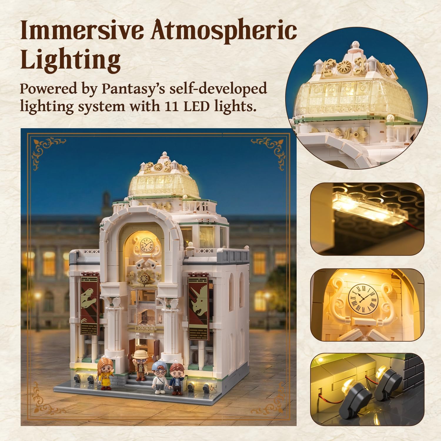 Detalle de PANTASY Dinosaurier Museum Klemmbaustein-Set – Barockes Architekturmodell mit erweiterbaren Ausstellungsräumen
