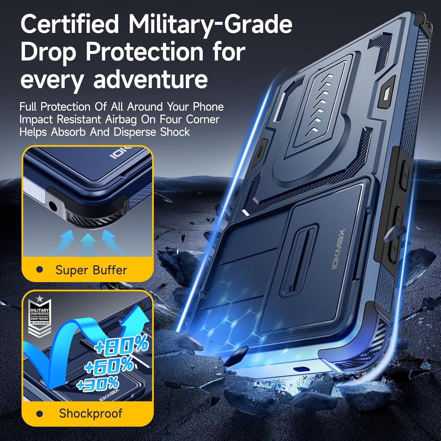 Thumbnail 3 de Iokmax Galaxy S26 Ultra case in blue with slide camera cover, kickstand and 2 screen protectors