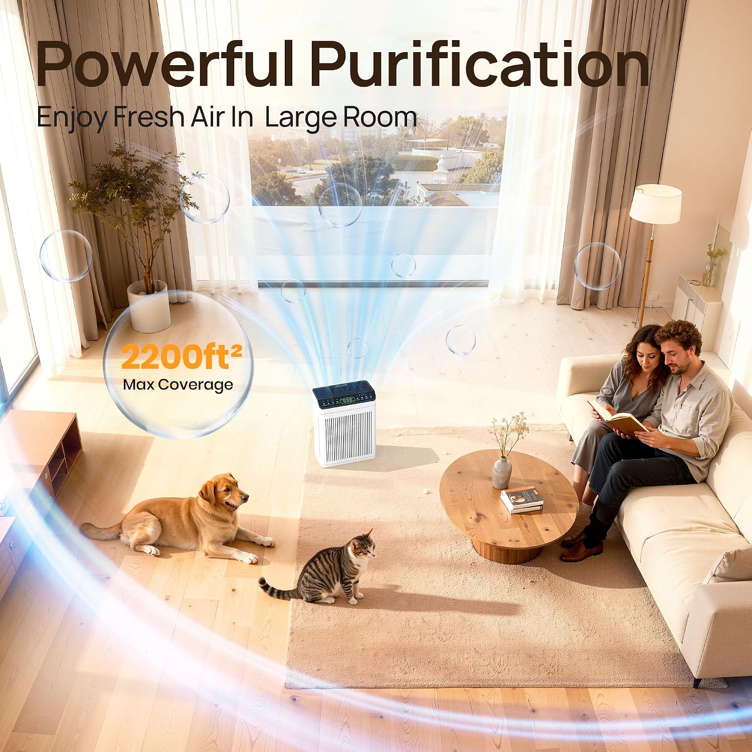 Detalle de EVALIT ET066 Air Purifier for Large Rooms (Up to 2200 sq ft) with Pet Mode, Washable HEPA Filter, Aromatherapy Slot, Ivory