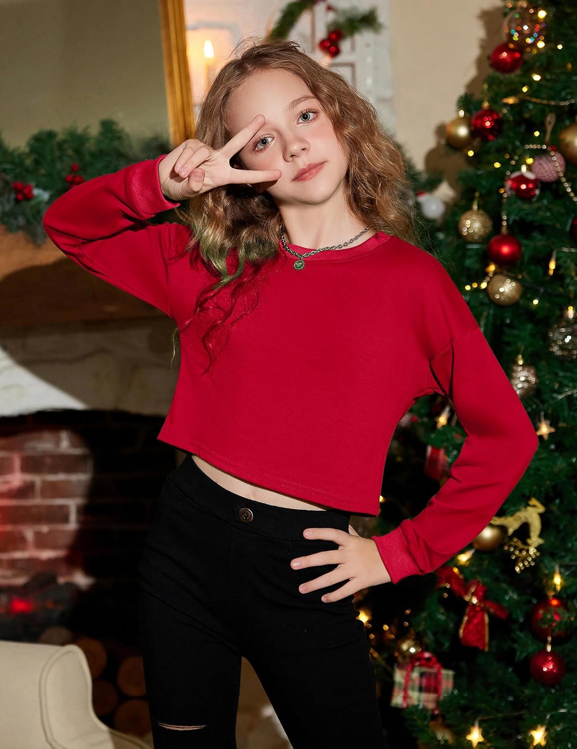 Detalle de Arshiner Sweat-Shirt à manches longues pour fille en coton, rouge 150