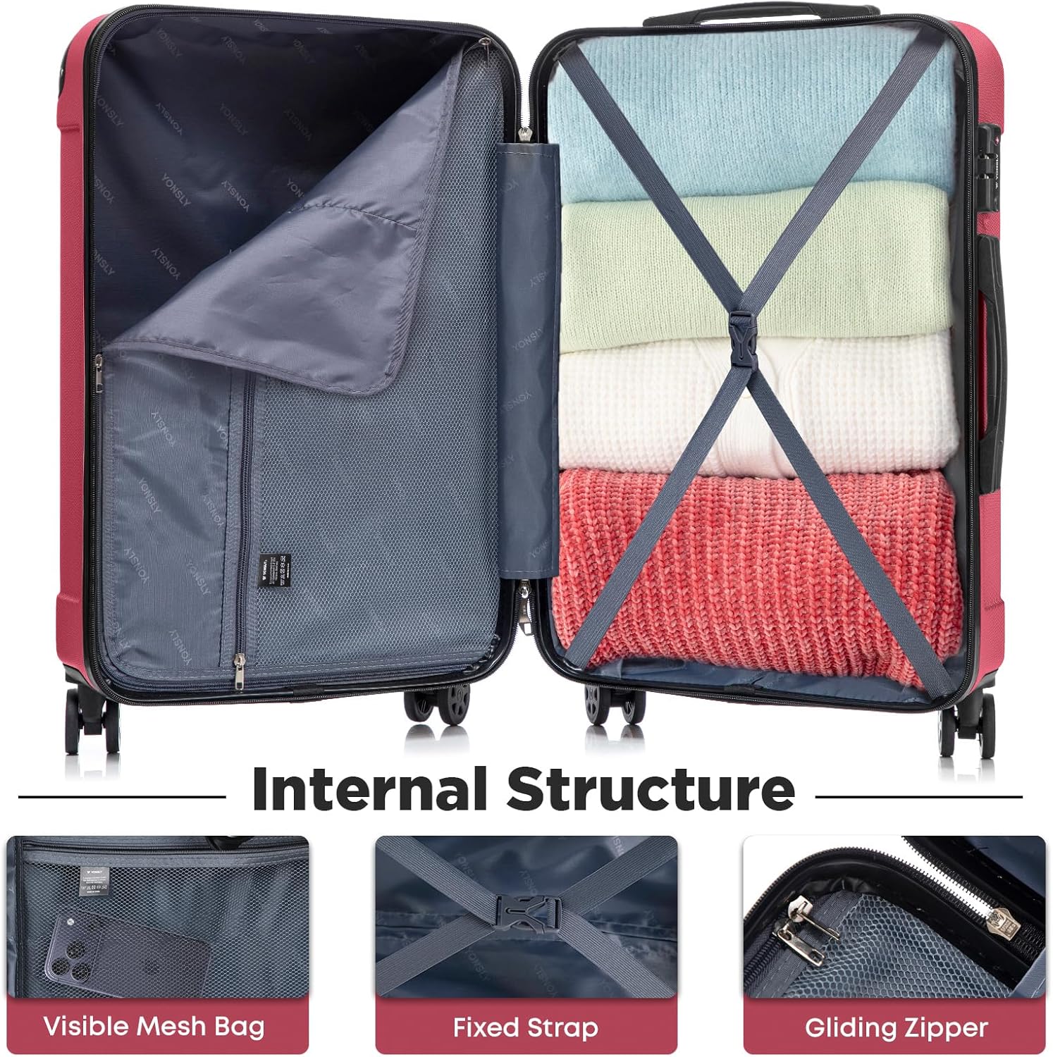 Detalle 2 de YONSLY Premium Reisekoffer XL mit TSA-Schloss und YKK-Reißverschluss – Weinrot, 76 x 49 x 29 cm
