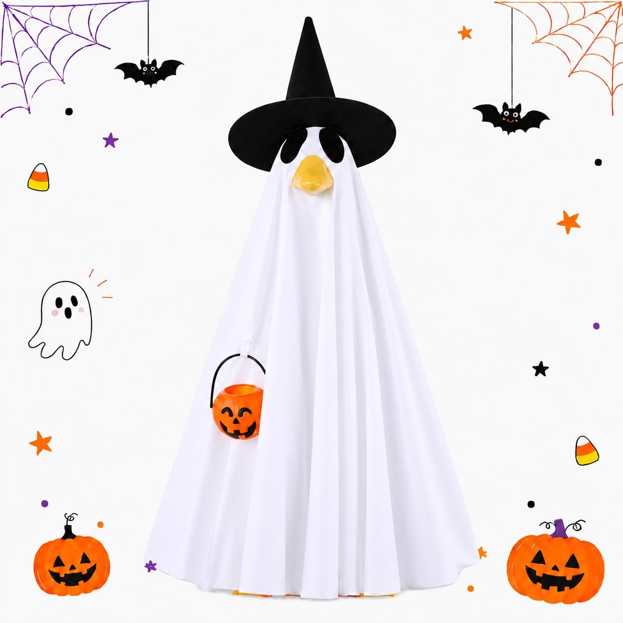 Detalle de Bigwish BW-23efu-gui01 Halloween Porch Goose Outfit with Ghost Cloak and Witch Hat