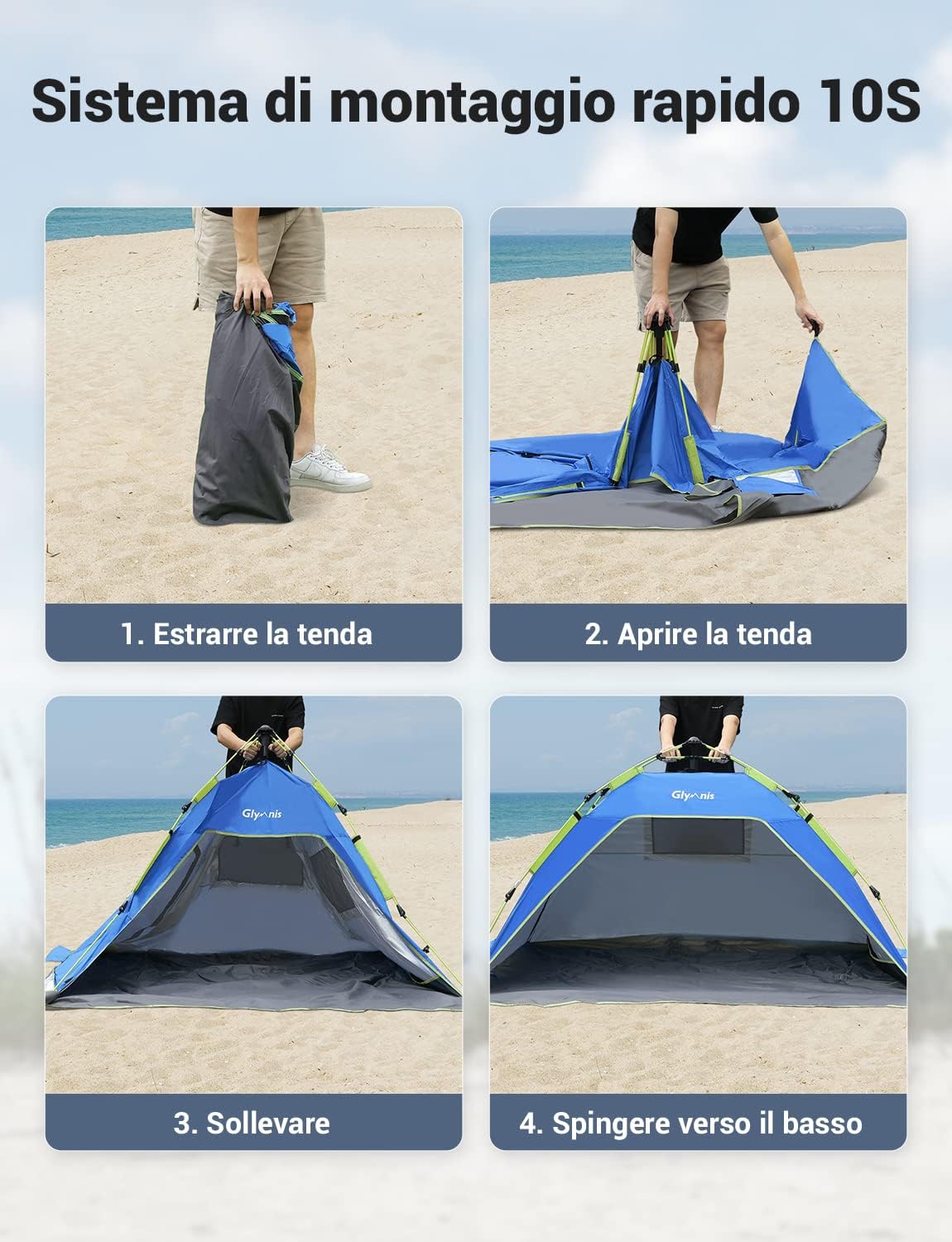 Thumbnail 6 de Glymnis Tenda da Spiaggia Quick-up: immediata allestimento, protezione UPF50+ e spazi per 3–4 persone