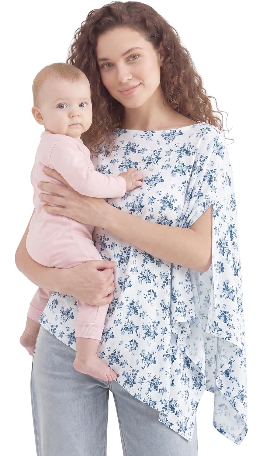 Detalle de PATPAT Bamboo Viscose Nursing Cover, Blue Floral Poncho with 360° Coverage