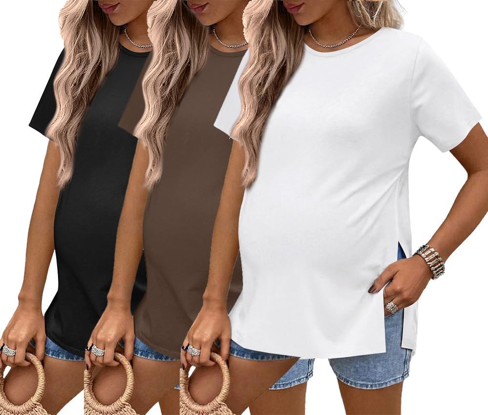 Thumbnail 6 de Ekouaer 3 Pack Women’s Oversize Maternity T-Shirts – Basic Short Sleeve Tops with Side Slits