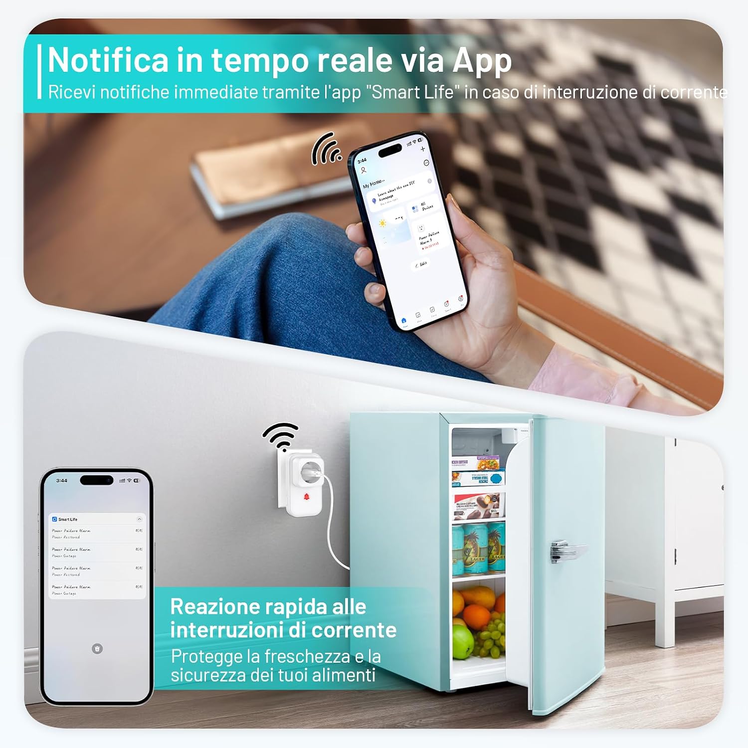 Detalle de COTINSE WIFIL5D stroomuitvalmelder met 110 dB-alarm en wifi-app