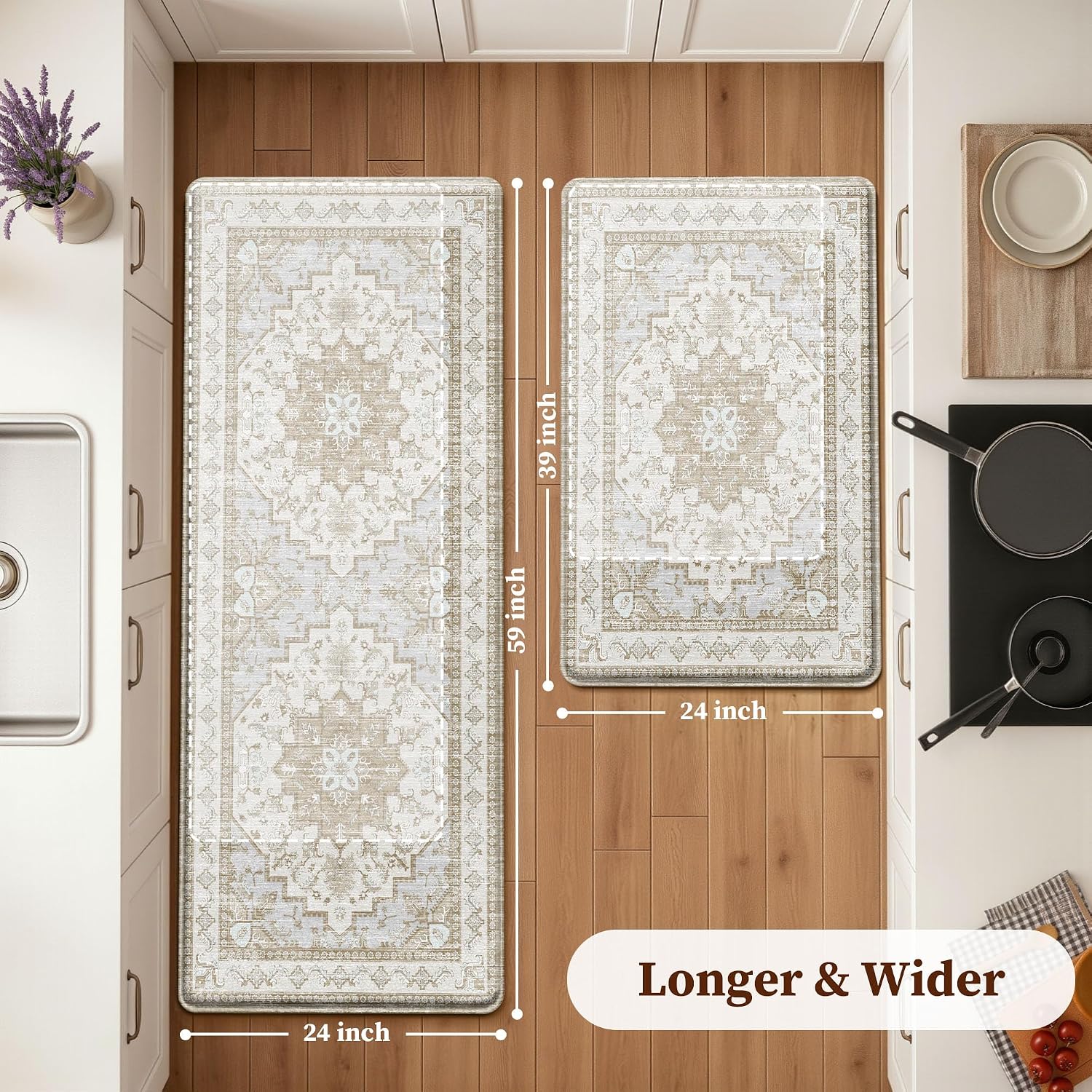 Detalle de Boho Kitchen Mats for Floor 2 Piece Set - Anti Fatigue Cushioned PVC Rugs with Non-Slip Waterproof Backing (Beige Tan, 23.6" x 39" + 23.6" x 59")