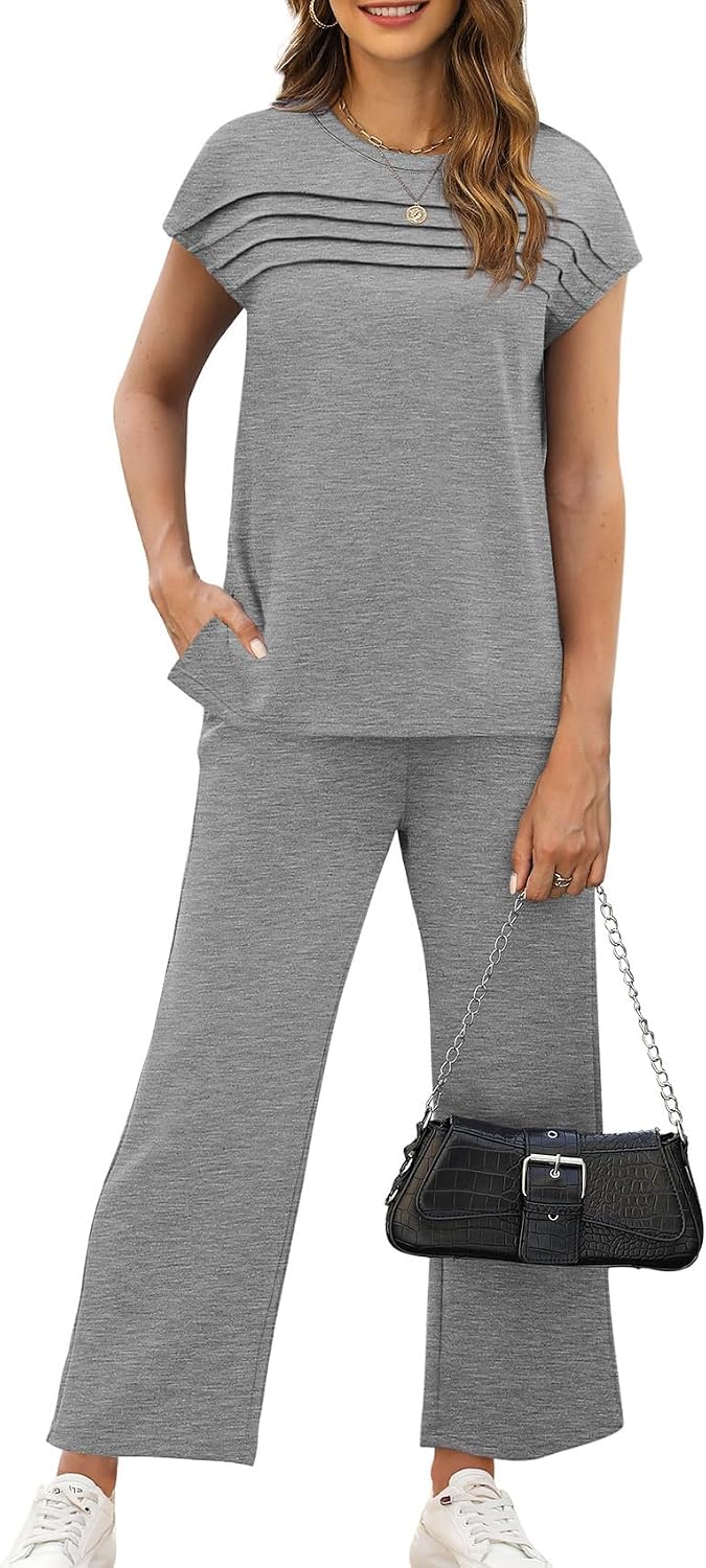 Detalle 2 de WIHOLL Two-Piece Women’s Cap Sleeve Lounge Set with Wide-Leg Crop Pants (S–3XL)