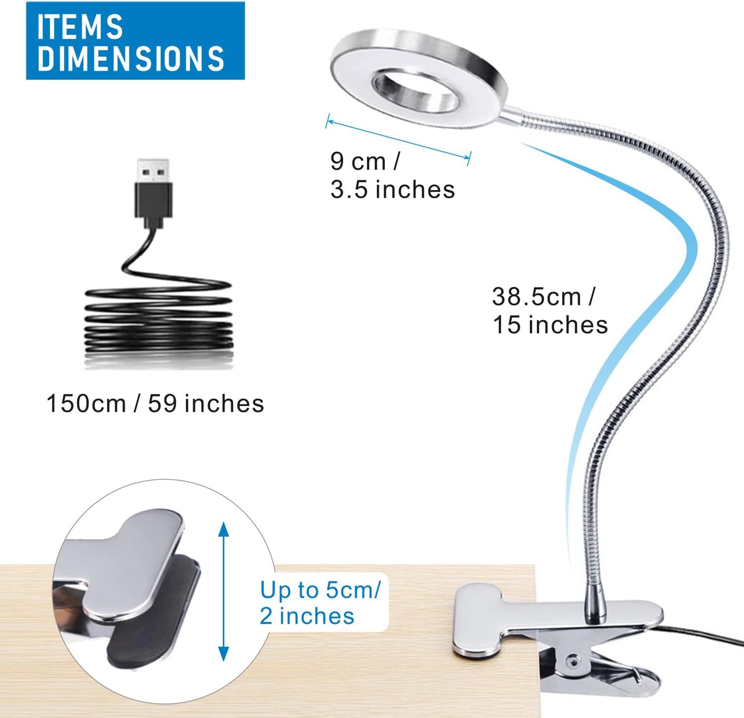 Detalle de KNAMKY USB LED Desk Lamp Clip-On Reading Light