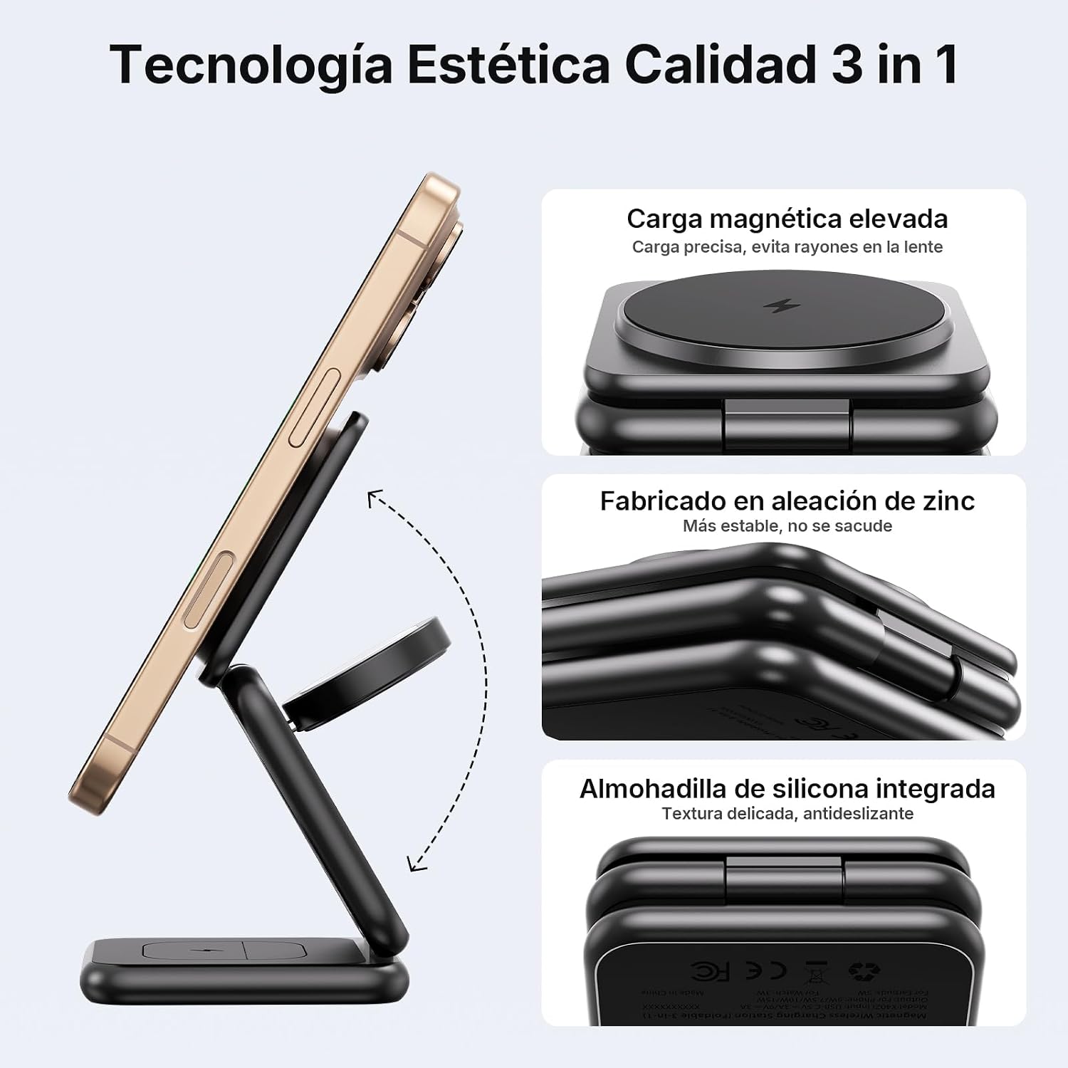 Detalle de Alilong Cargador inalámbrico 15W 3 en 1 plegable