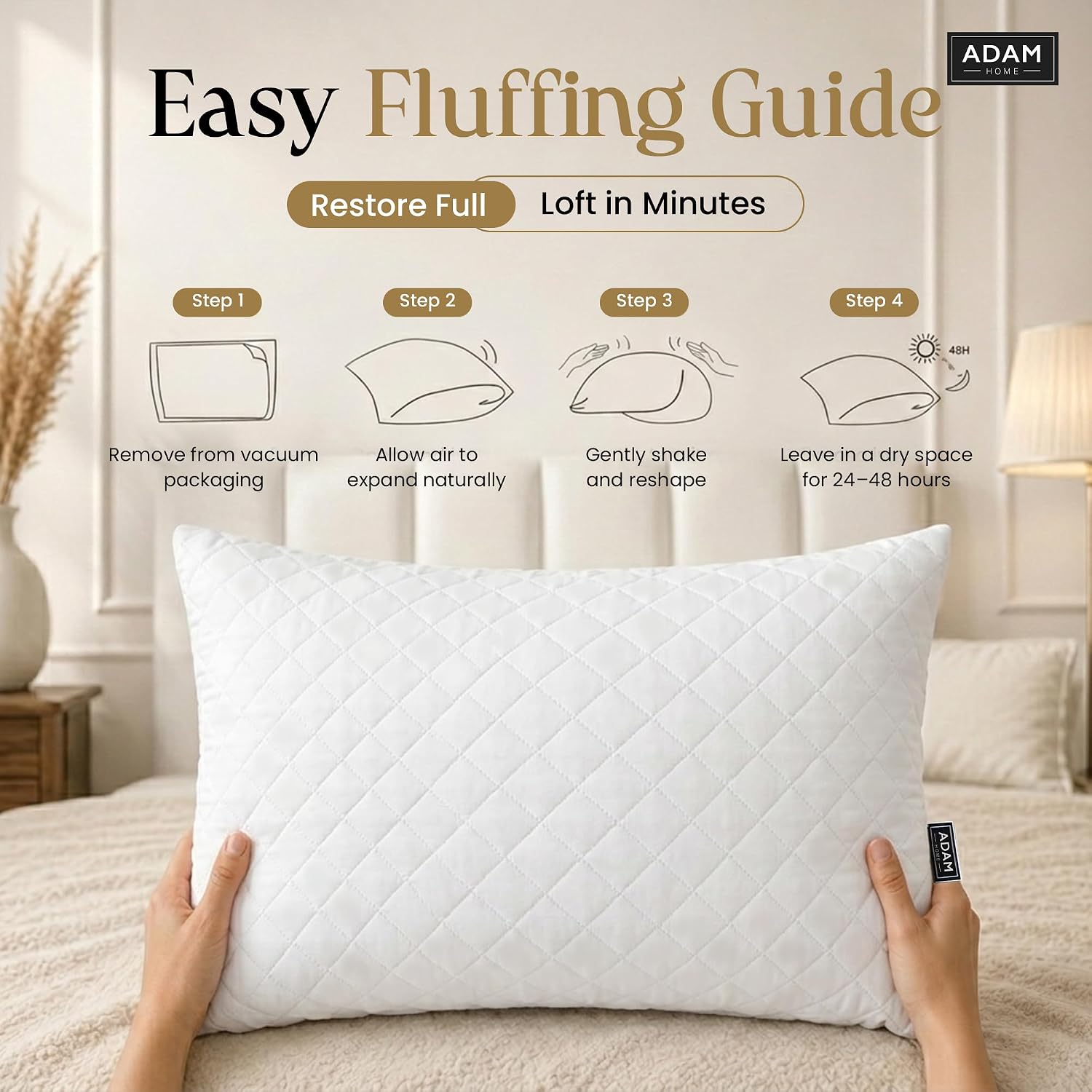Detalle de Adam Home Pillows 2 Pack – Hotel Quality, Quilted Cover, Hypoallergenic Filling