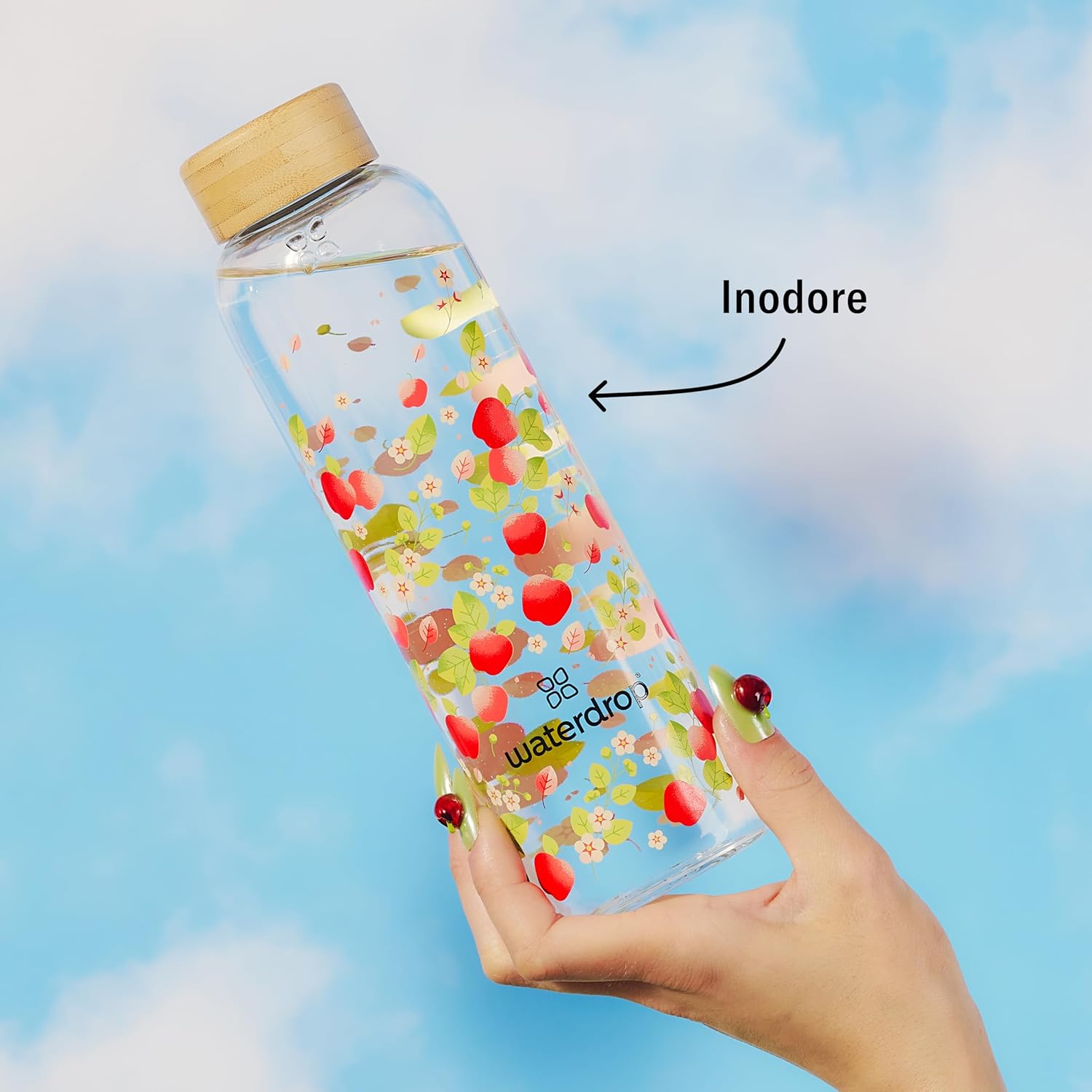 Detalle de waterdrop Borraccia in Vetro 600ml – Tappo in Bambù e Custodia Neoprene, Antigoccia, Design Personalizzato