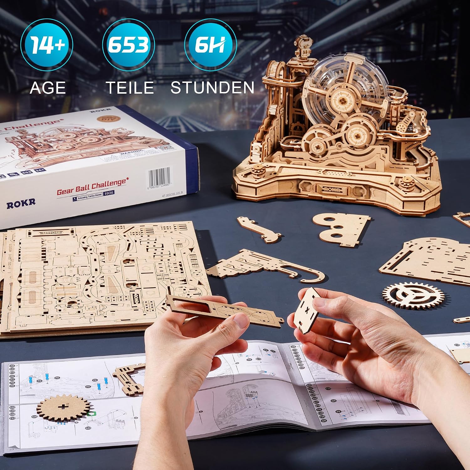 Detalle de ROKR 3D Puzzle Holz Kugelbahn Modellbausatz für DIY-Rennen (Gear Ball Challenge, 653-teilig)
