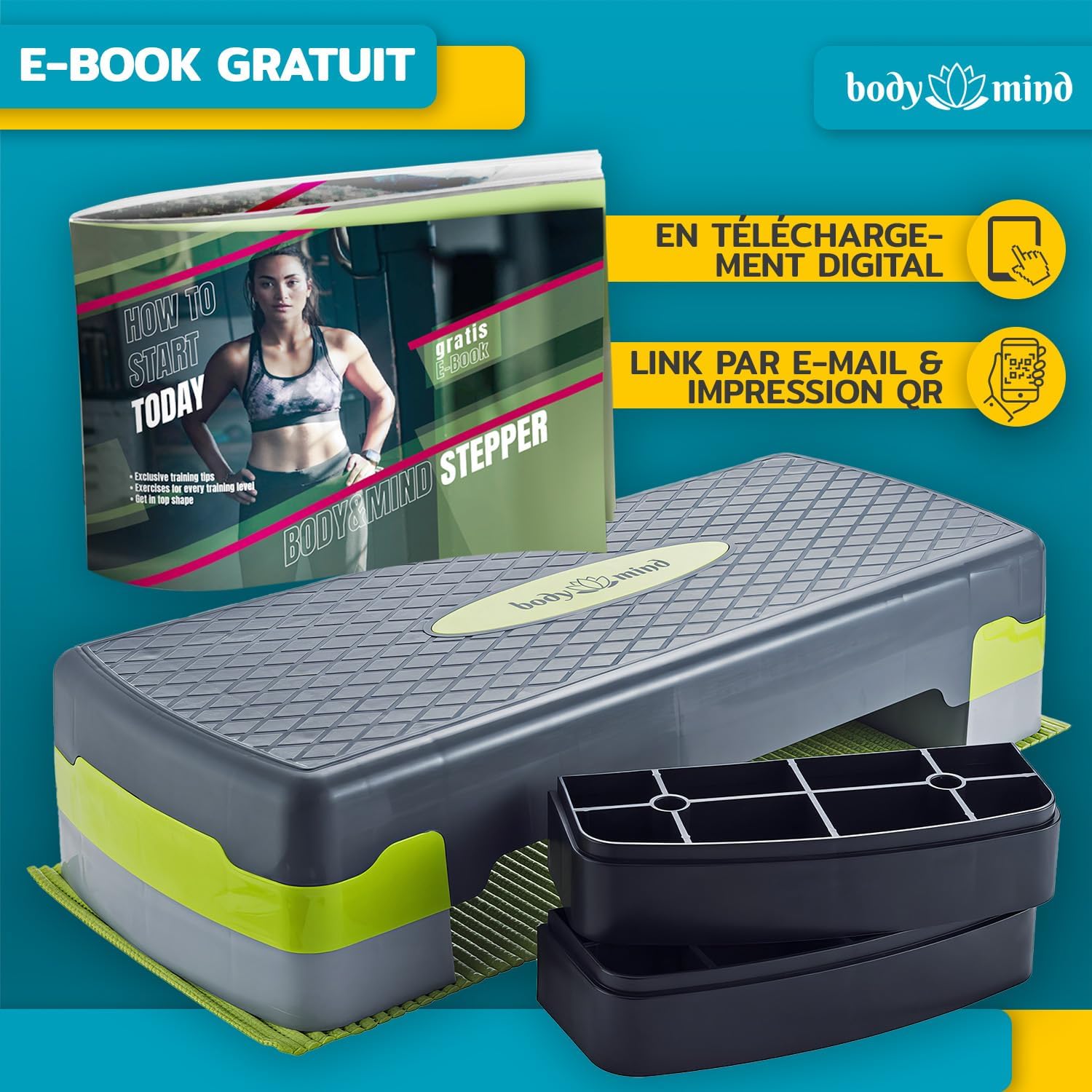 Thumbnail 6 de Body & Mind® Stepboard aérobic Deluxe 2-étapes – Stepper/step-bench avec tapis antidérapant offert