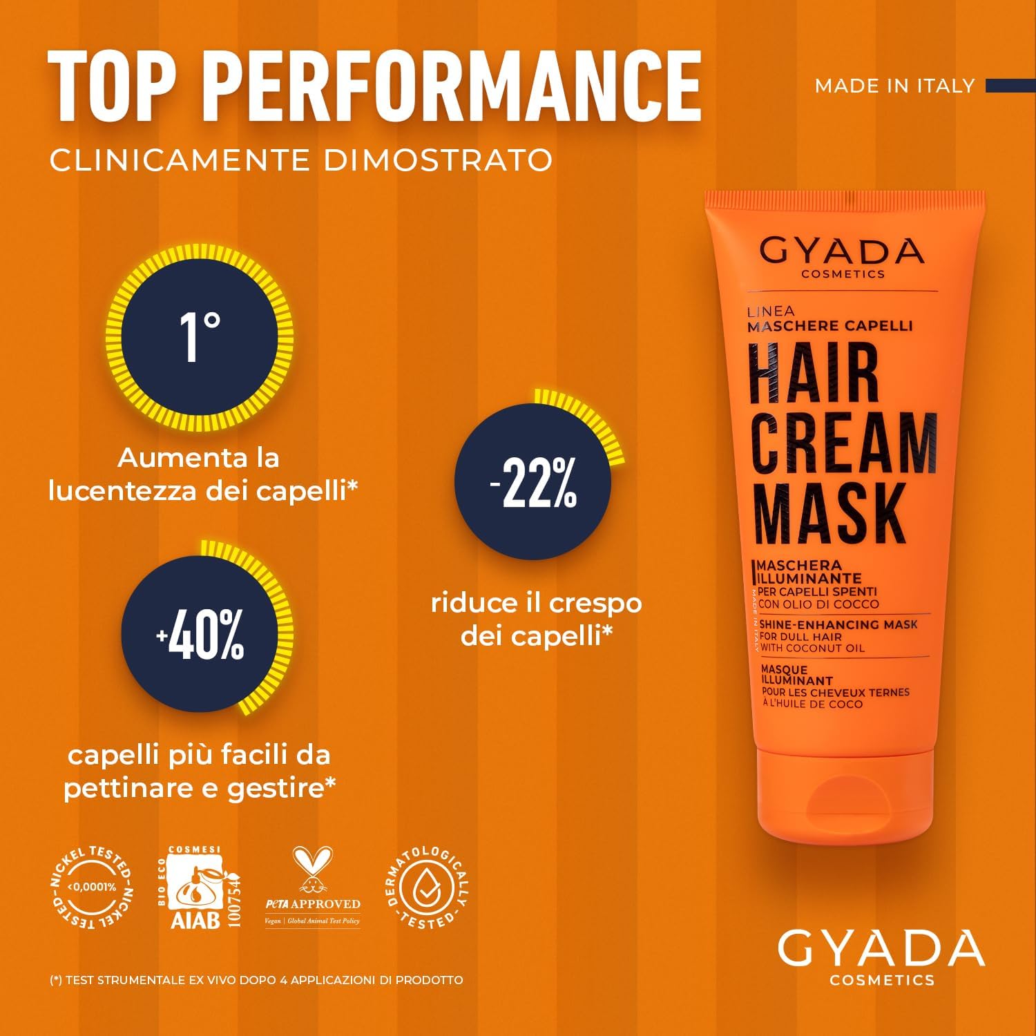 Detalle de GYADA COSMETICS Maschera Capelli Illuminante e Rivitalizzante con Olio di Cocco e Avocado, 200 ml