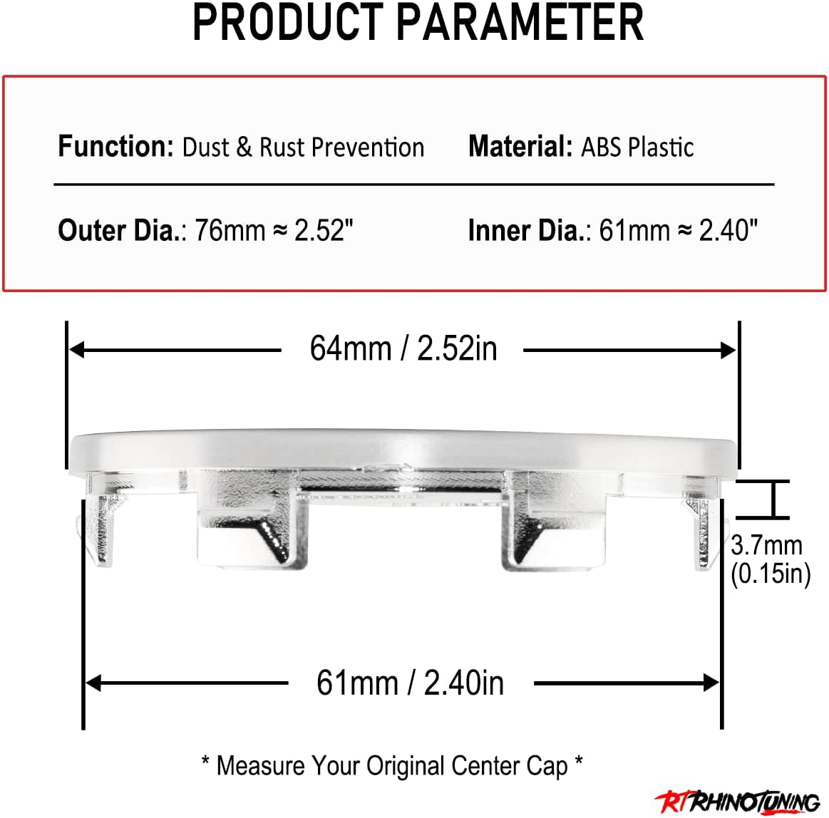 Thumbnail 1 de RhinoTuning 4 Pack 64mm wheel hub caps (OD 64mm, ID 61mm) in silvery style
