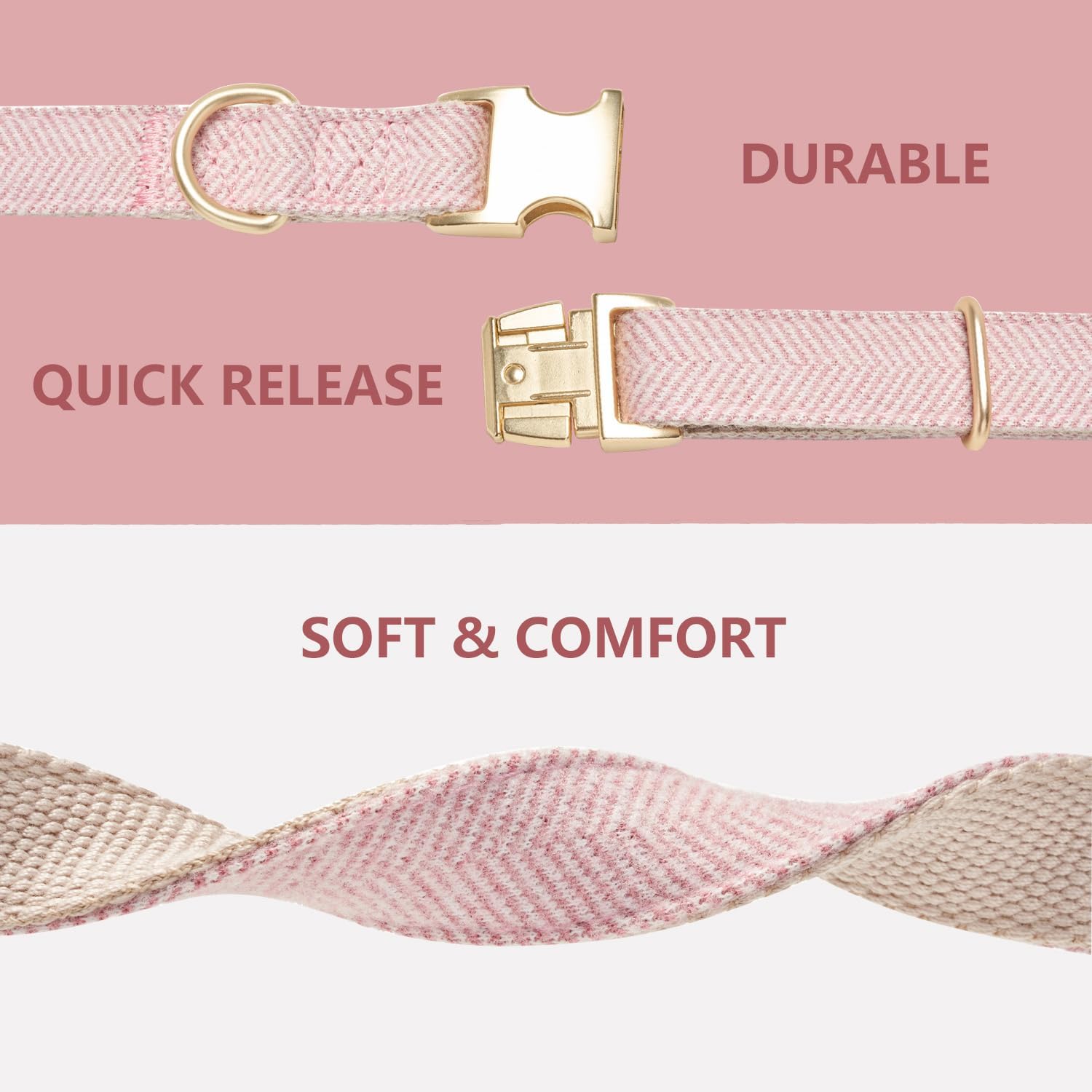 Detalle de Petiry Tweed Dog Collar with Metal Buckle – Adjustable cotton pink collar for medium dogs (31–49cm)