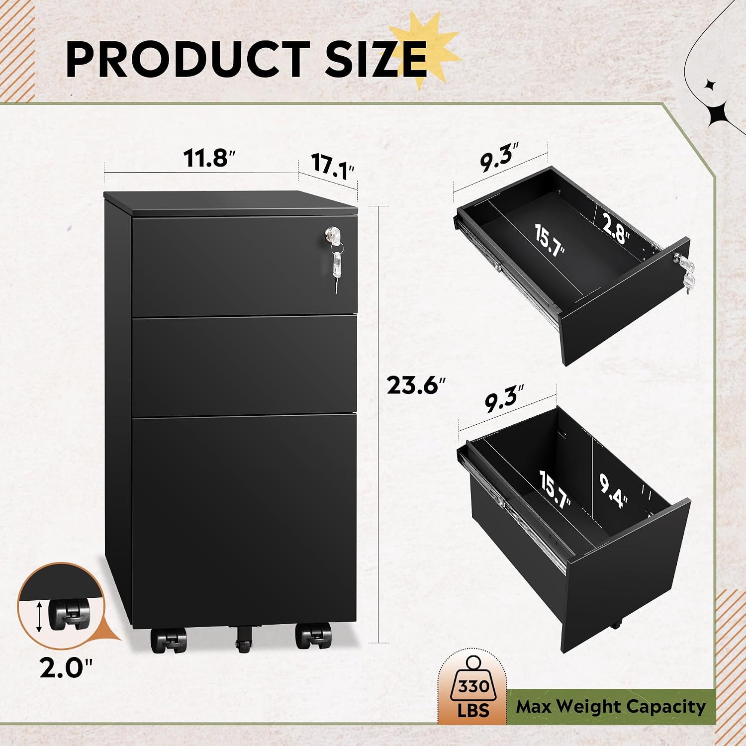 Detalle de DEVAISE 3-Drawer Mobile File Cabinet, Locking Steel, Letter/Legal/A4 File Storage