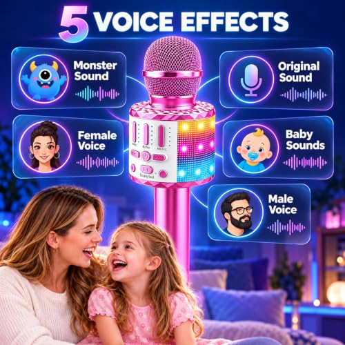 Detalle 2 de MicQutr Karaoke-Mikrofon für Kinder mit Bluetooth, LED-Licht und 5 Stimmeffekten