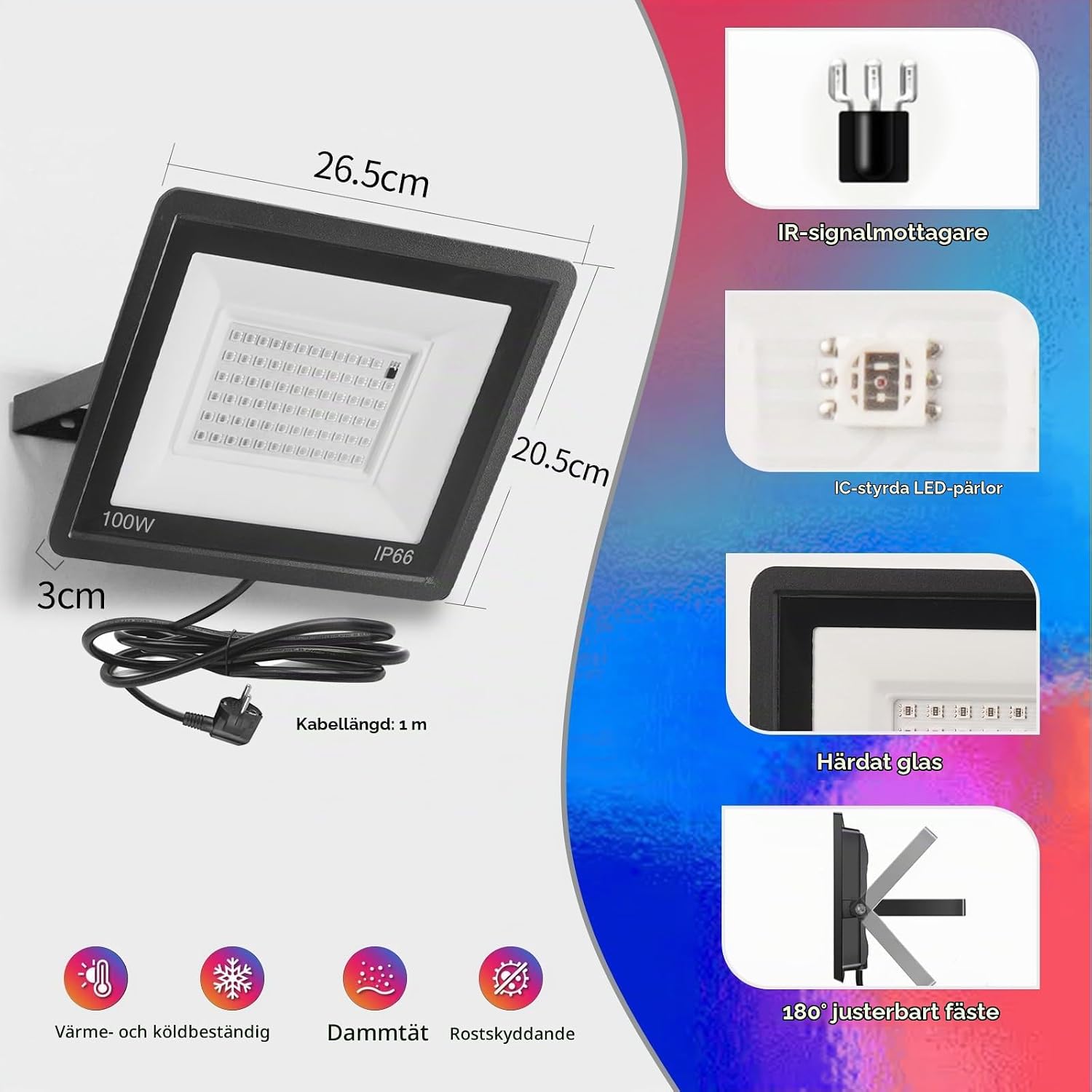 Detalle 2 de Fosingut Eclairage de Sécurité LED RGB-strålkastare, 100 W, 6-pack med fjärrkontroll
