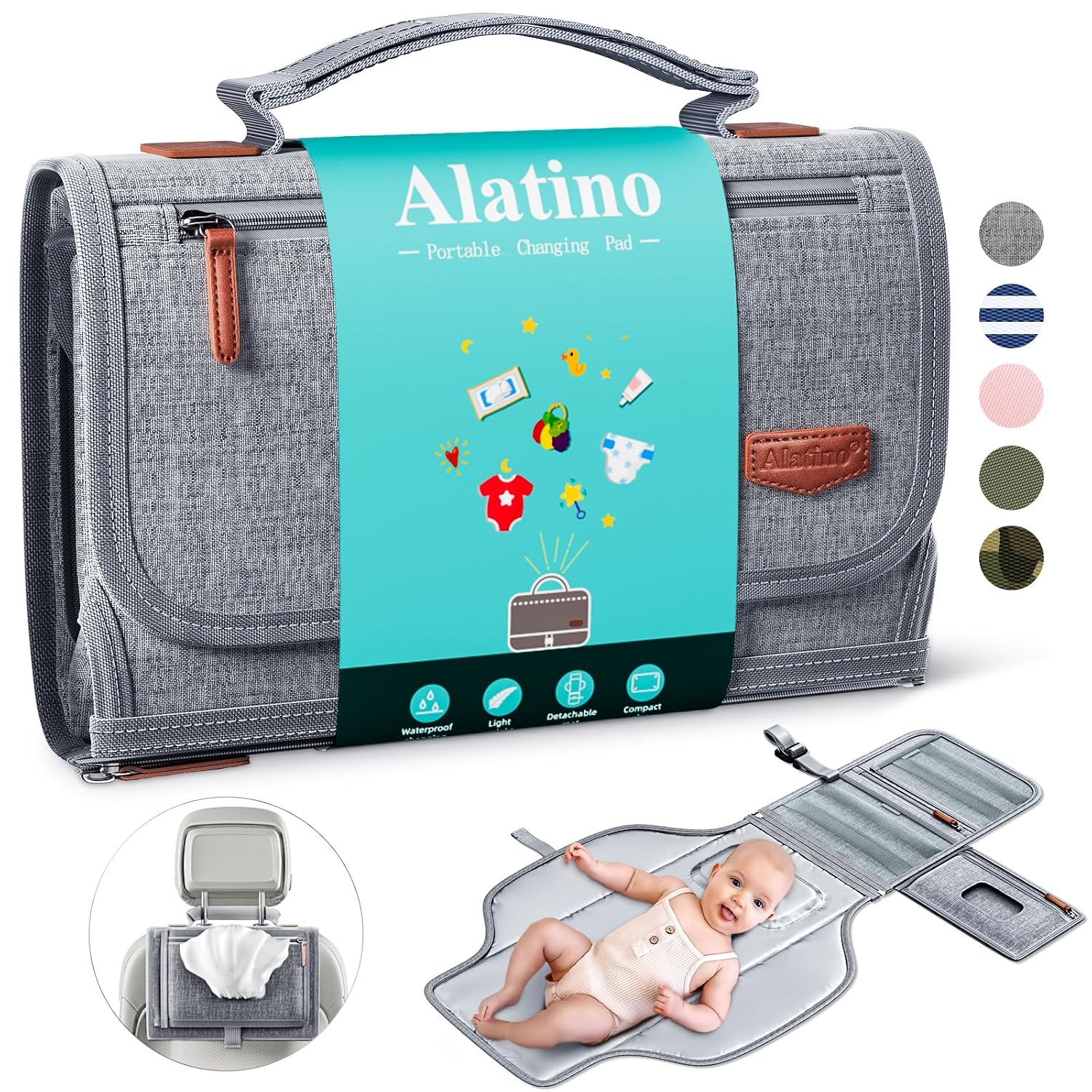 Detalle de Alatino Portable Diaper Changing Pad, 25 x 22-Inch, Gray, Waterproof