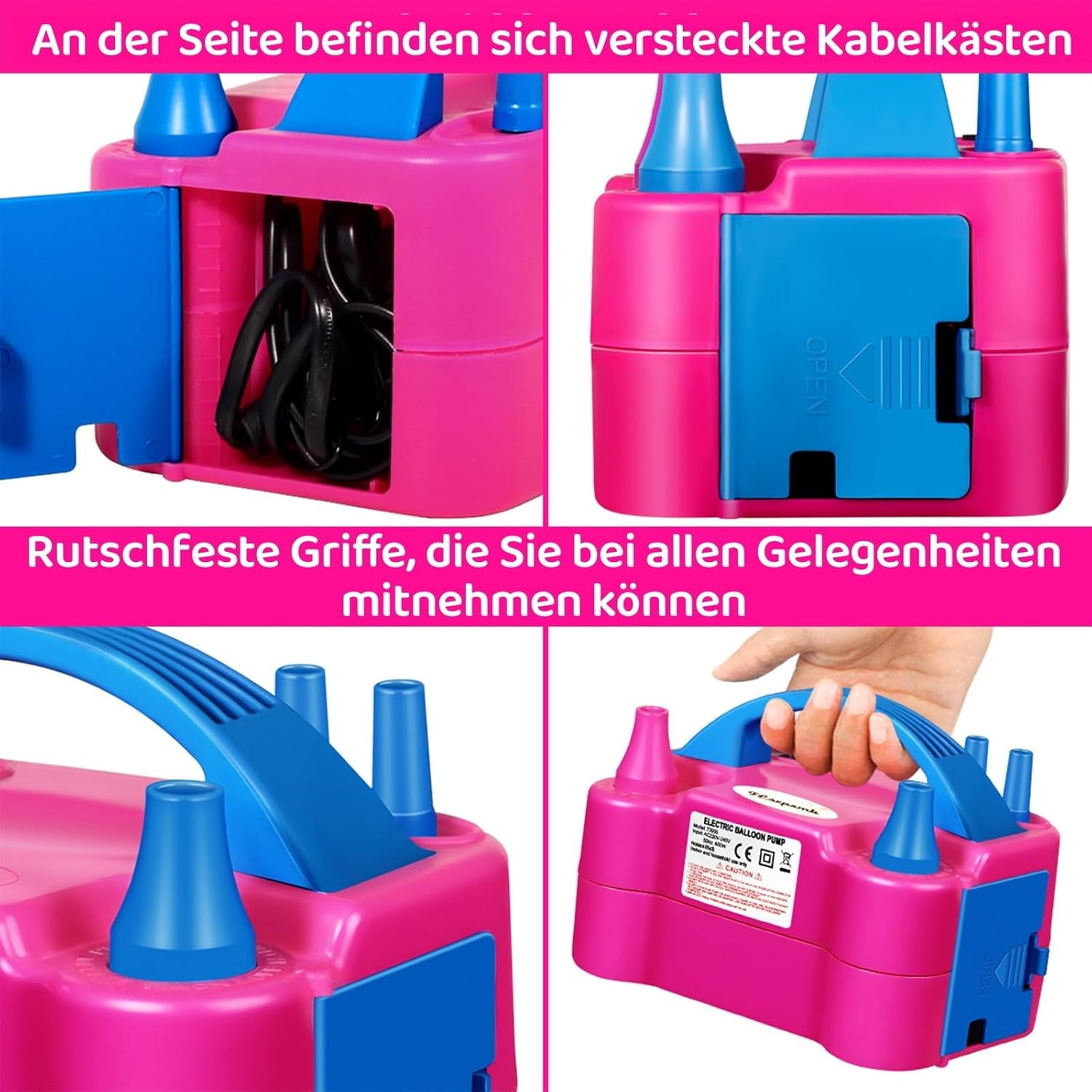 Detalle de FLSEPAMB Elektrische Luftballonpumpe – 600 W, 2 Düsen, 2 Modi, tragbar